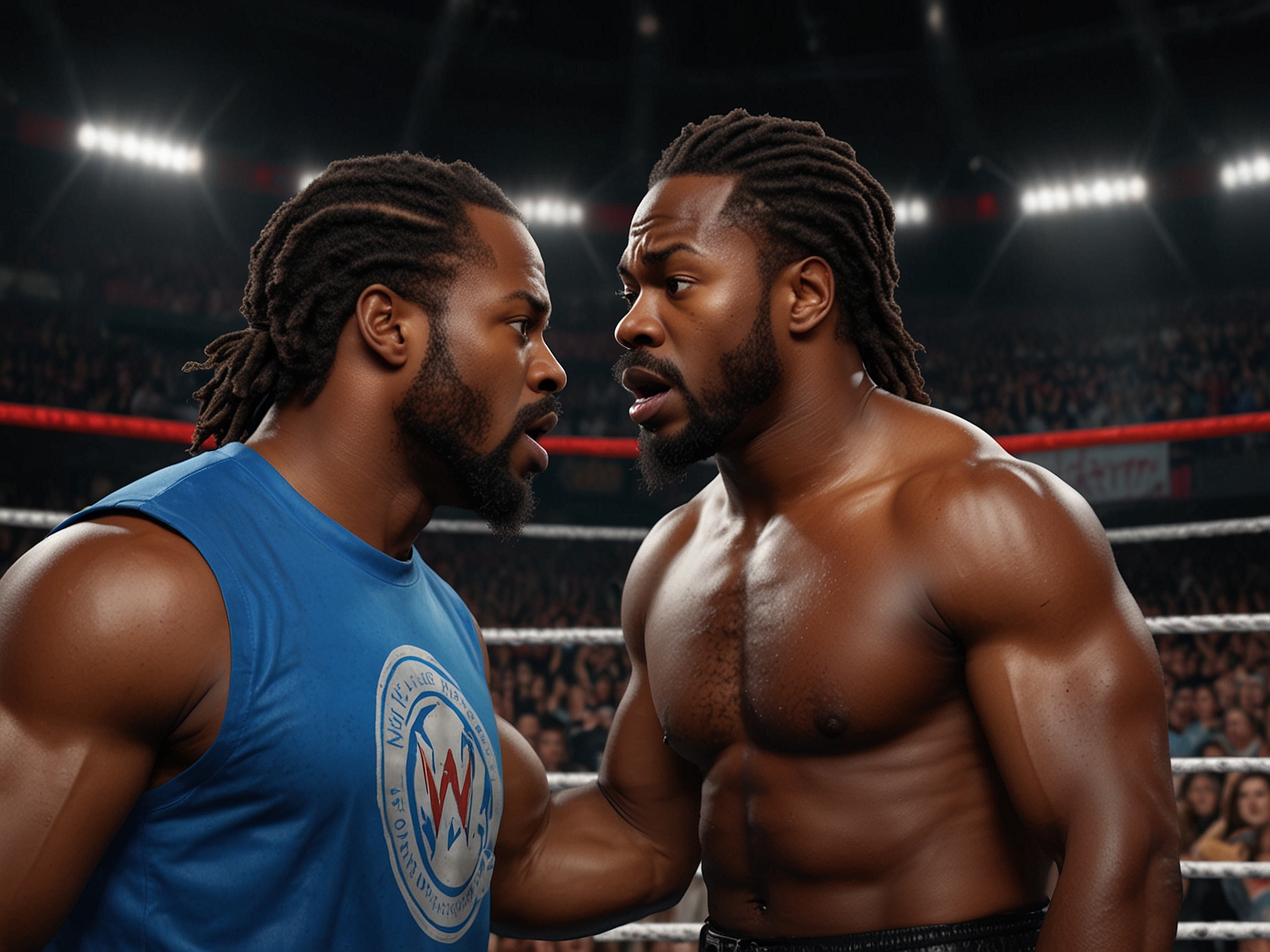 A dramatic scene from WWE Raw showing Xavier Woods and Kofi Kingston confronting Big E in the ring, with intense expressions and a mixed reaction from the audience, capturing the moment of betrayal.