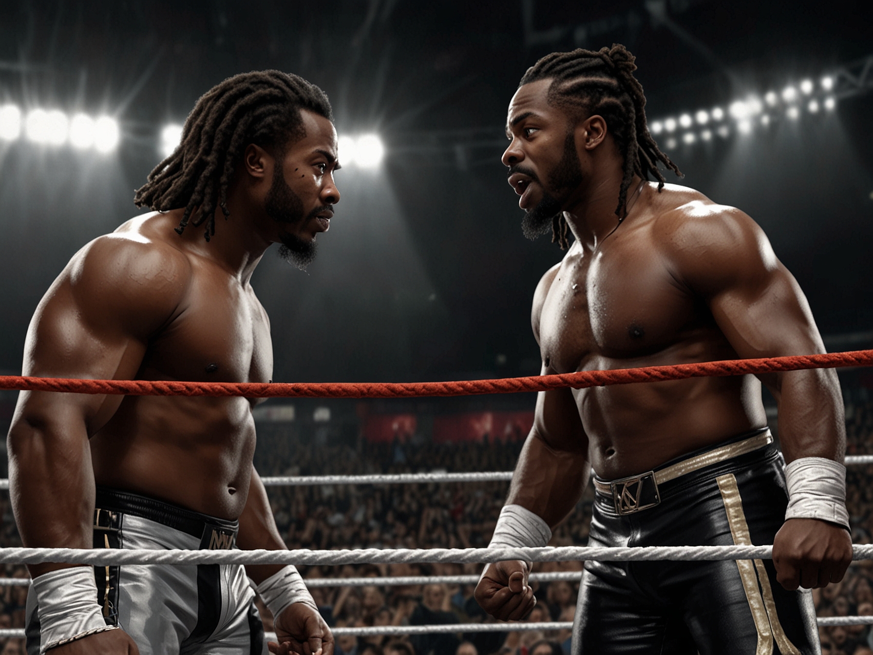 An emotional close-up of Big E's defeated expression as he leaves the ring, highlighting the impact of the New Day's heel turn on the beloved wrestler and the fans.