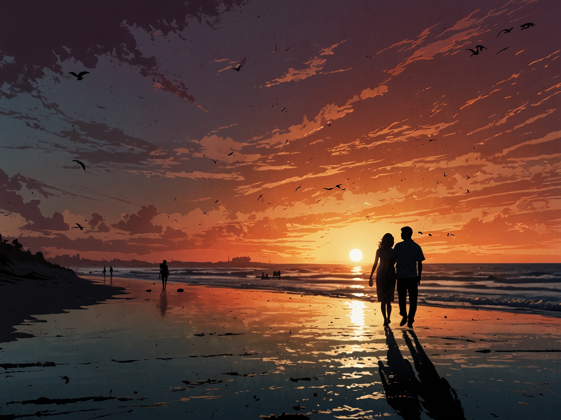 A somber scene of Folly Beach at sunset, symbolizing both joy and tragedy, with a silhouette of a wedding couple holding hands in the foreground, reflecting the bittersweet reality of love lost.
