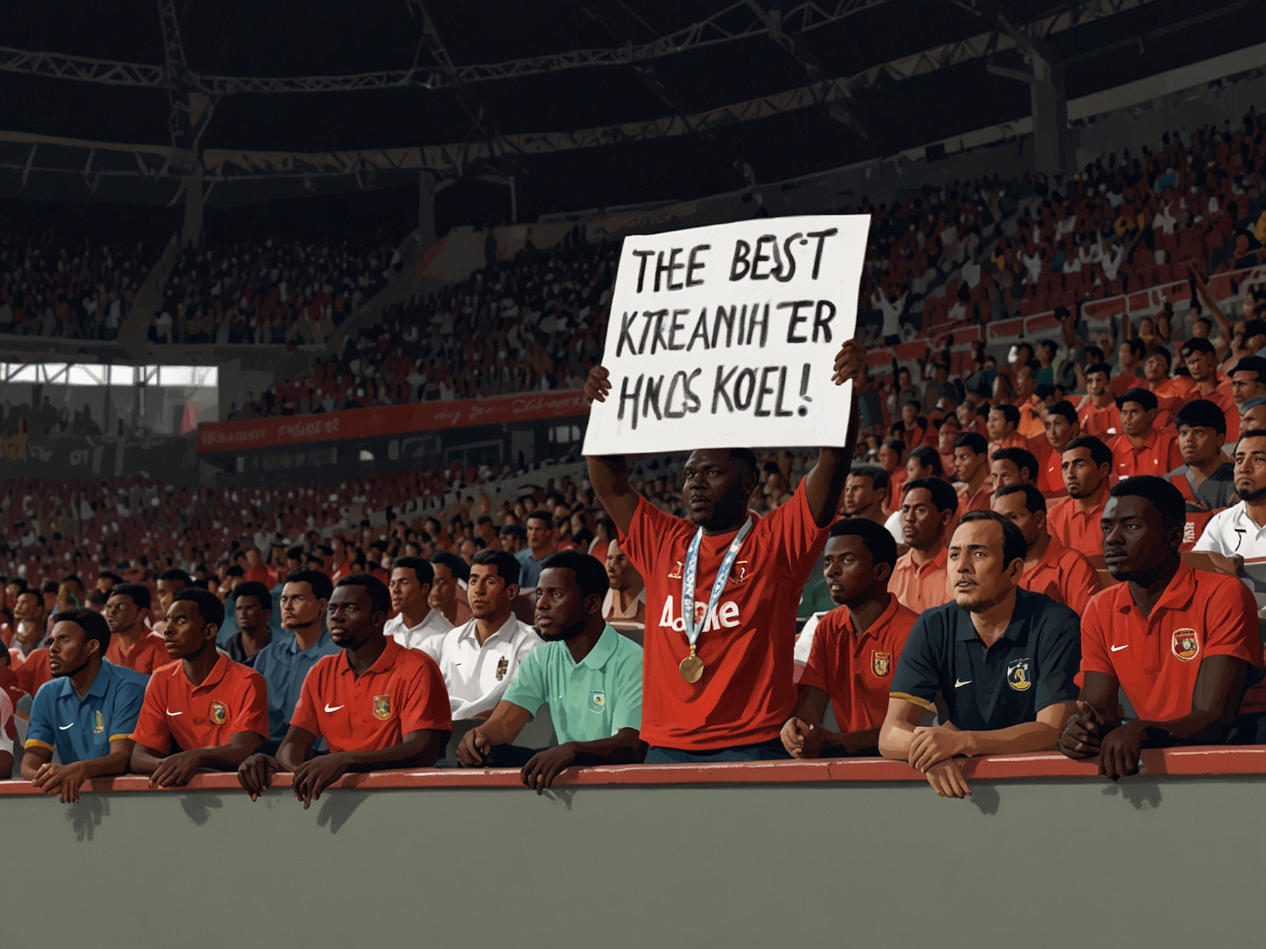 A concerned PSM Makassar fan holds a sign in the stands, reflecting the anxiety over Tito Okello's health. The stadium is filled with supporters wearing team colors, showcasing the passion for their club amidst uncertainty.