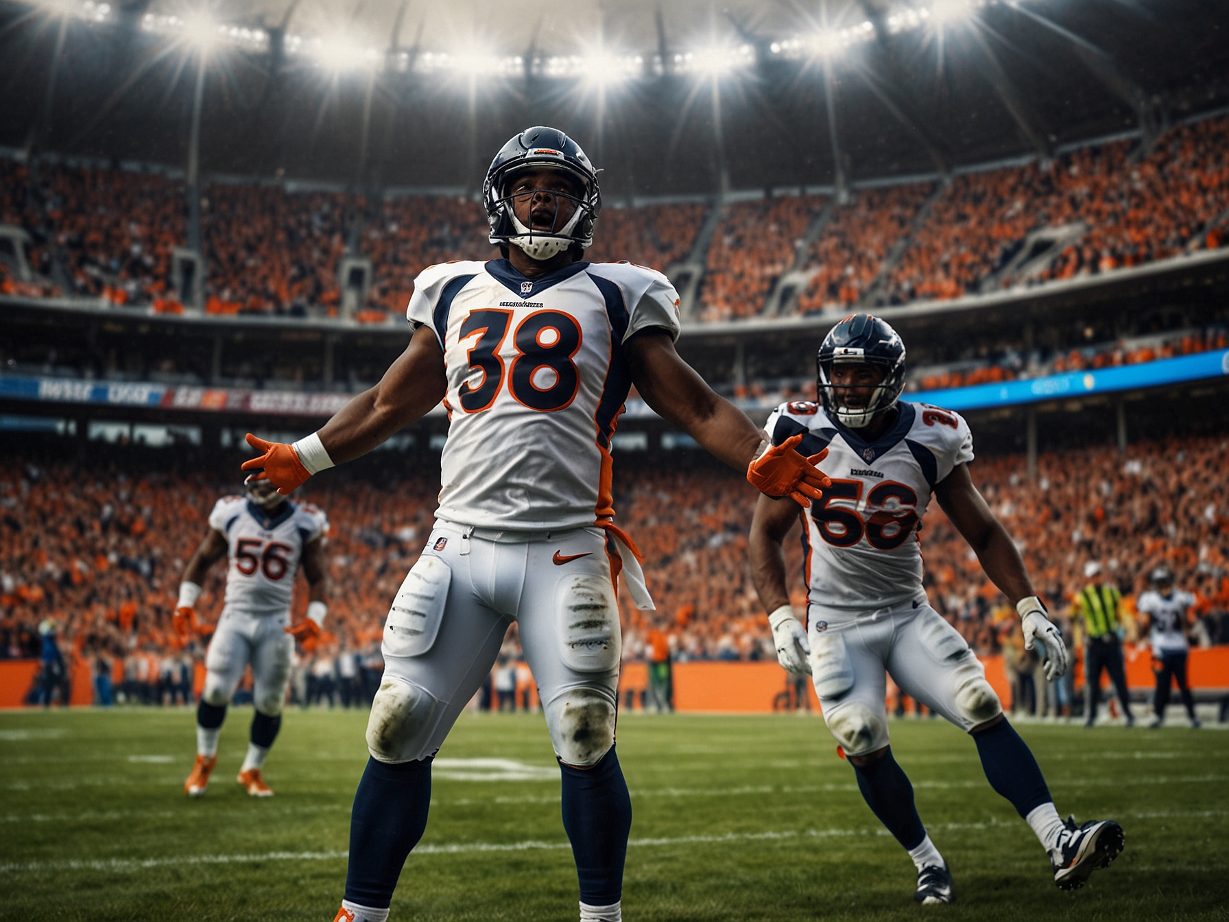 Action shot of Denver Broncos players celebrating after a touchdown, with the crowd cheering in the background, showcasing the excitement and drama of the game against the Browns.