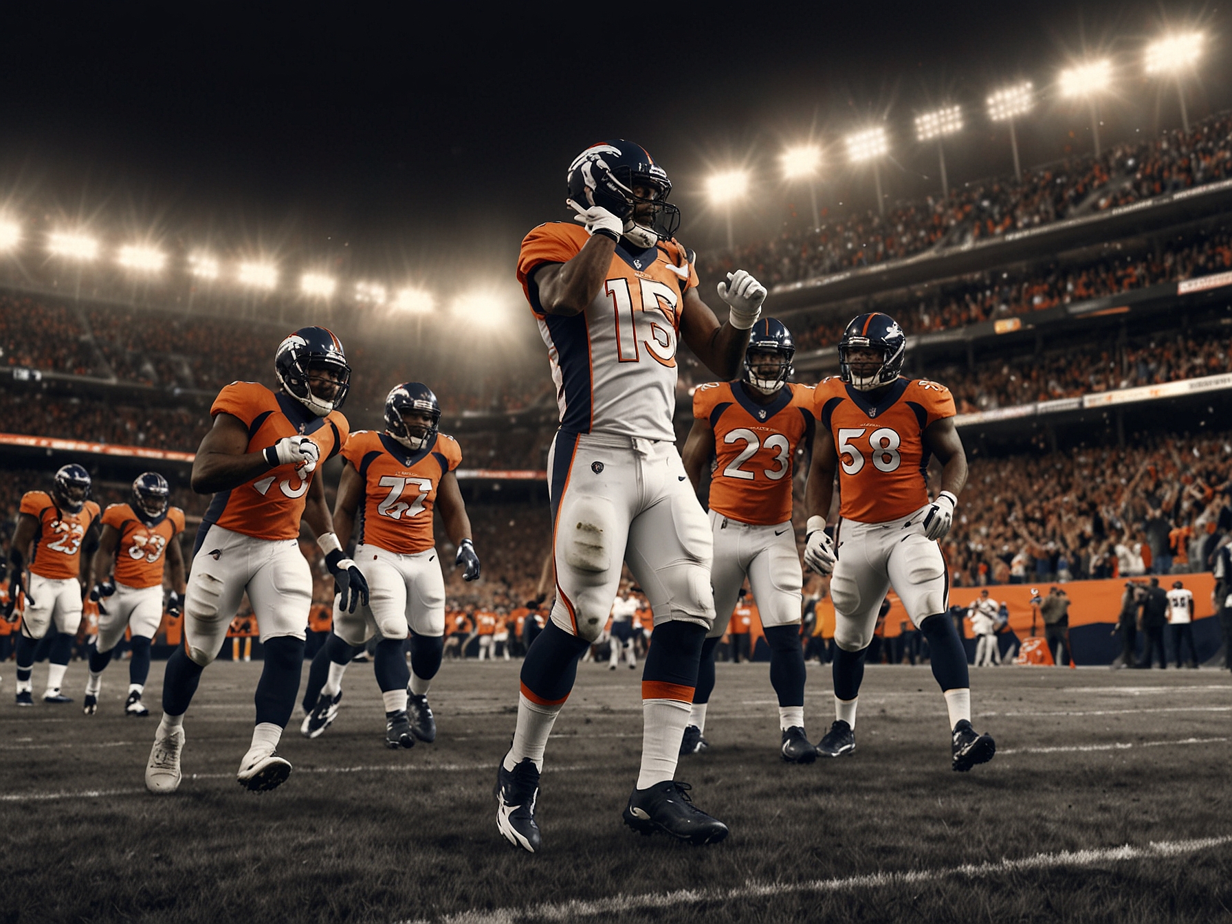 Wide shot of the stadium filled with fans during the Broncos vs. Browns game, capturing the electrifying atmosphere and tension as the final moments unfold.