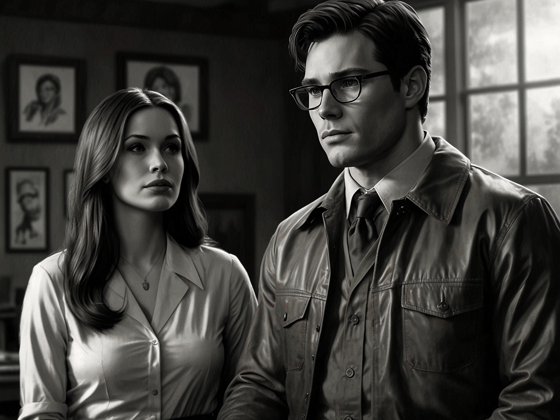 Clark Kent and Lois Lane embracing in a tender moment, representing their journey together, surrounded by reminders of their family life, illustrating the bittersweet nature of their story.