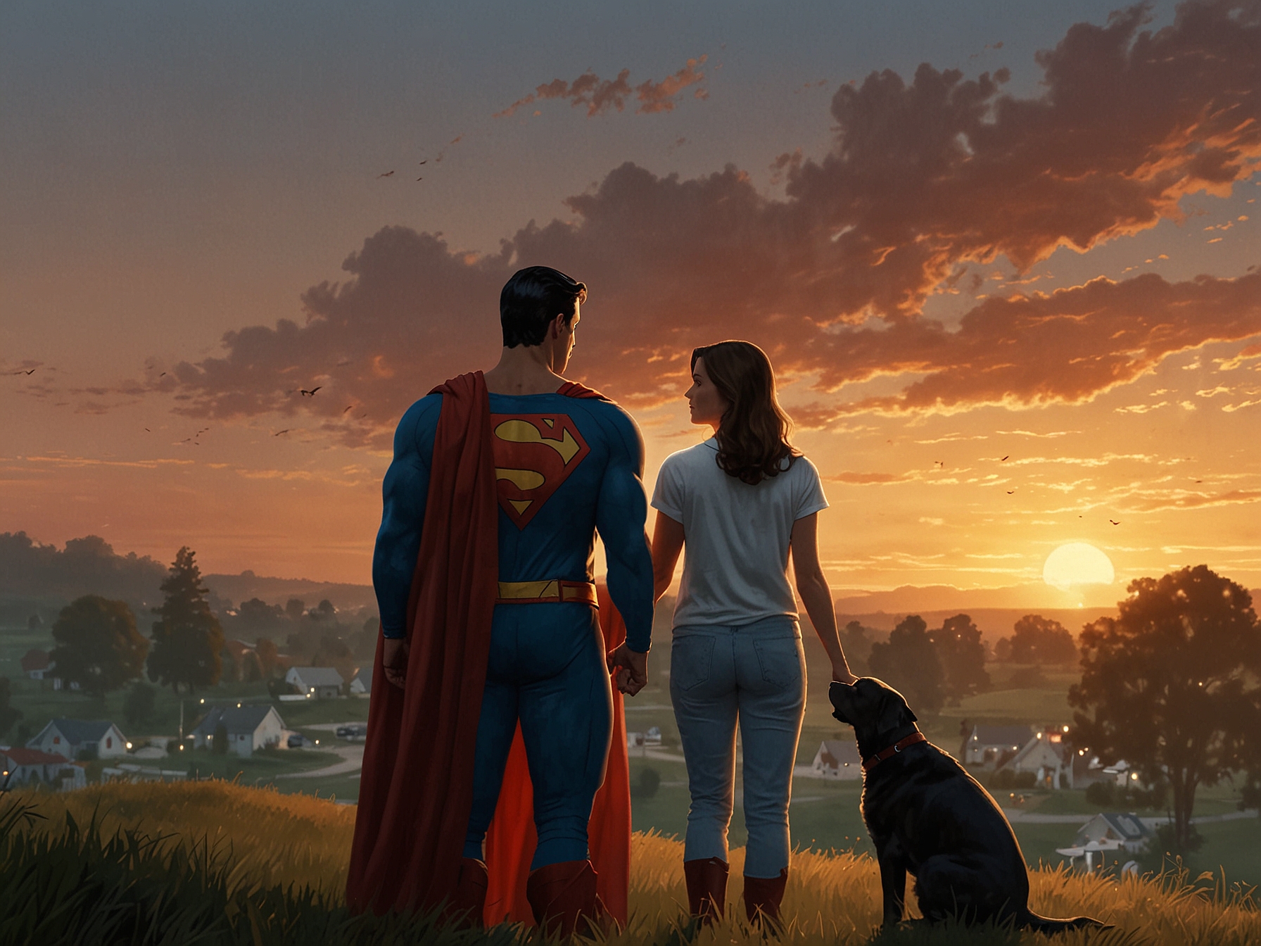 An illustration of Superman, Lois Lane, and their Kent twins looking fondly at a peaceful sunset, symbolizing the themes of family and love. In the background, a silhouette of a dog represents companionship and joy.