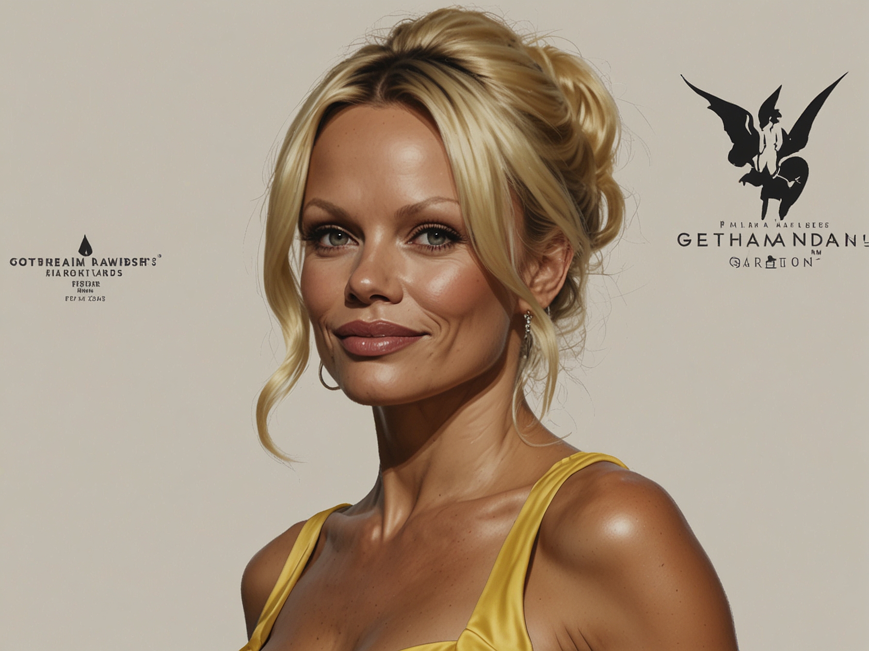 Pamela Anderson graces the red carpet at the 2024 Gotham Awards, showcasing her makeup-free radiance in a gorgeous butter yellow gown with a large bow, celebrating natural beauty.