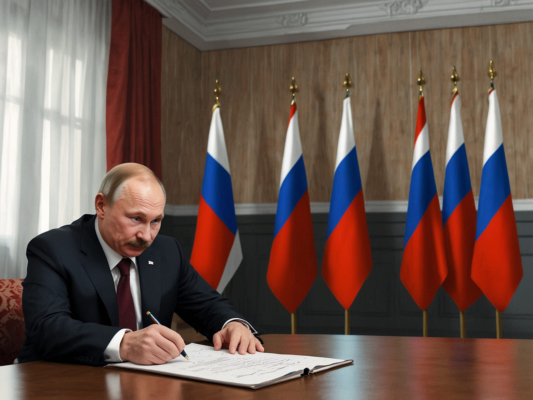 An image illustrating the meeting between Putin and Lukashenko, showcasing them signing the security pact in a formal setting, surrounded by flags of Russia and Belarus. The atmosphere is serious, with attention on the leaders and the documents.