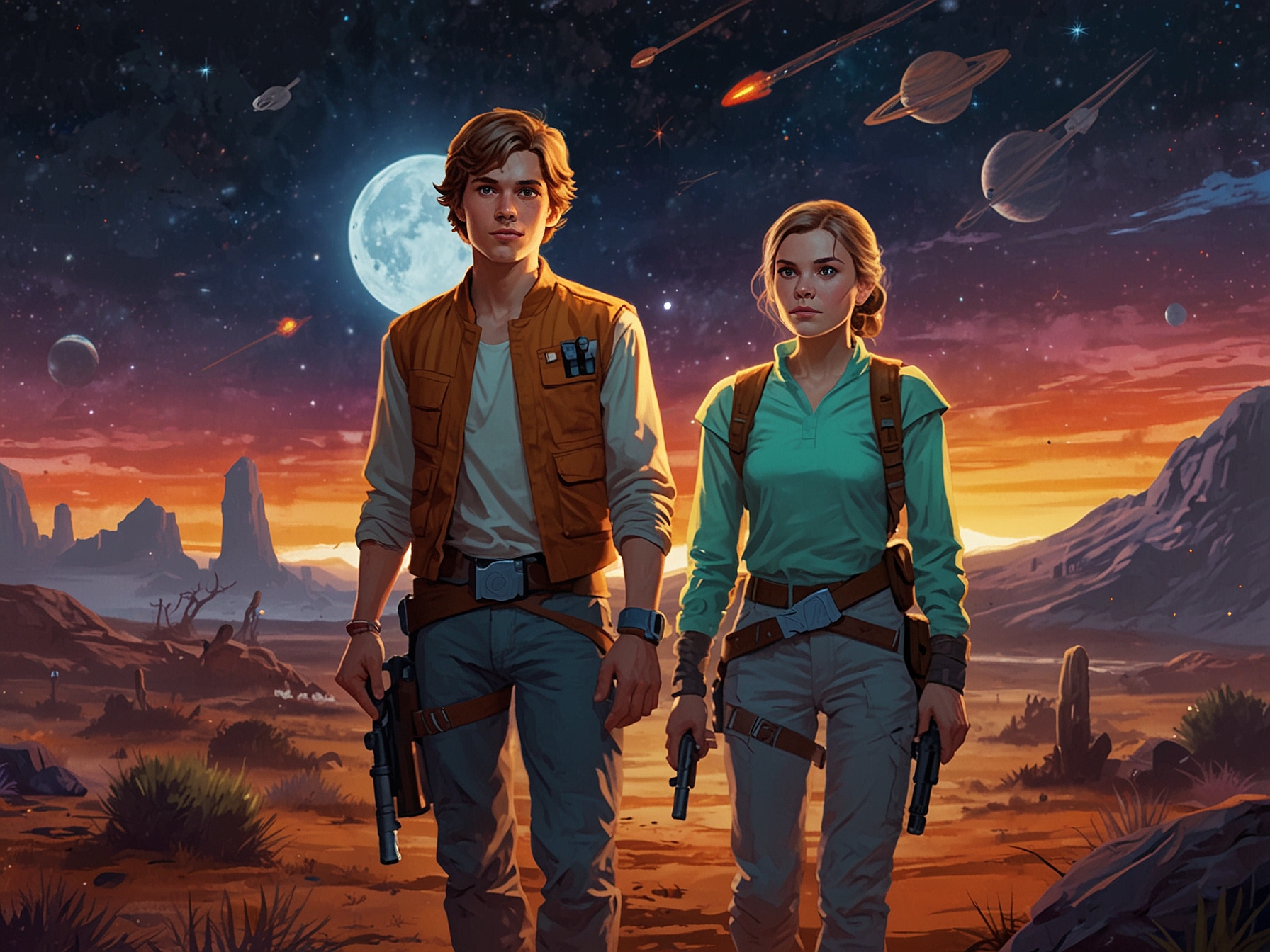 A colorful illustration of young protagonists from 'Skeleton Crew' exploring a vibrant Star Wars planet, filled with whimsical aliens and exciting landscapes. The characters display determination and friendship as they embark on their adventure.