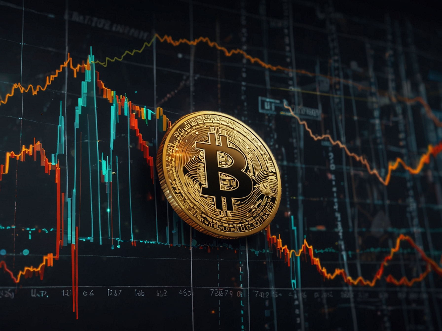An illustration of a digital coin representing Bitcoin, surrounded by financial charts, symbolizing the volatility and investor sentiment in the cryptocurrency market.