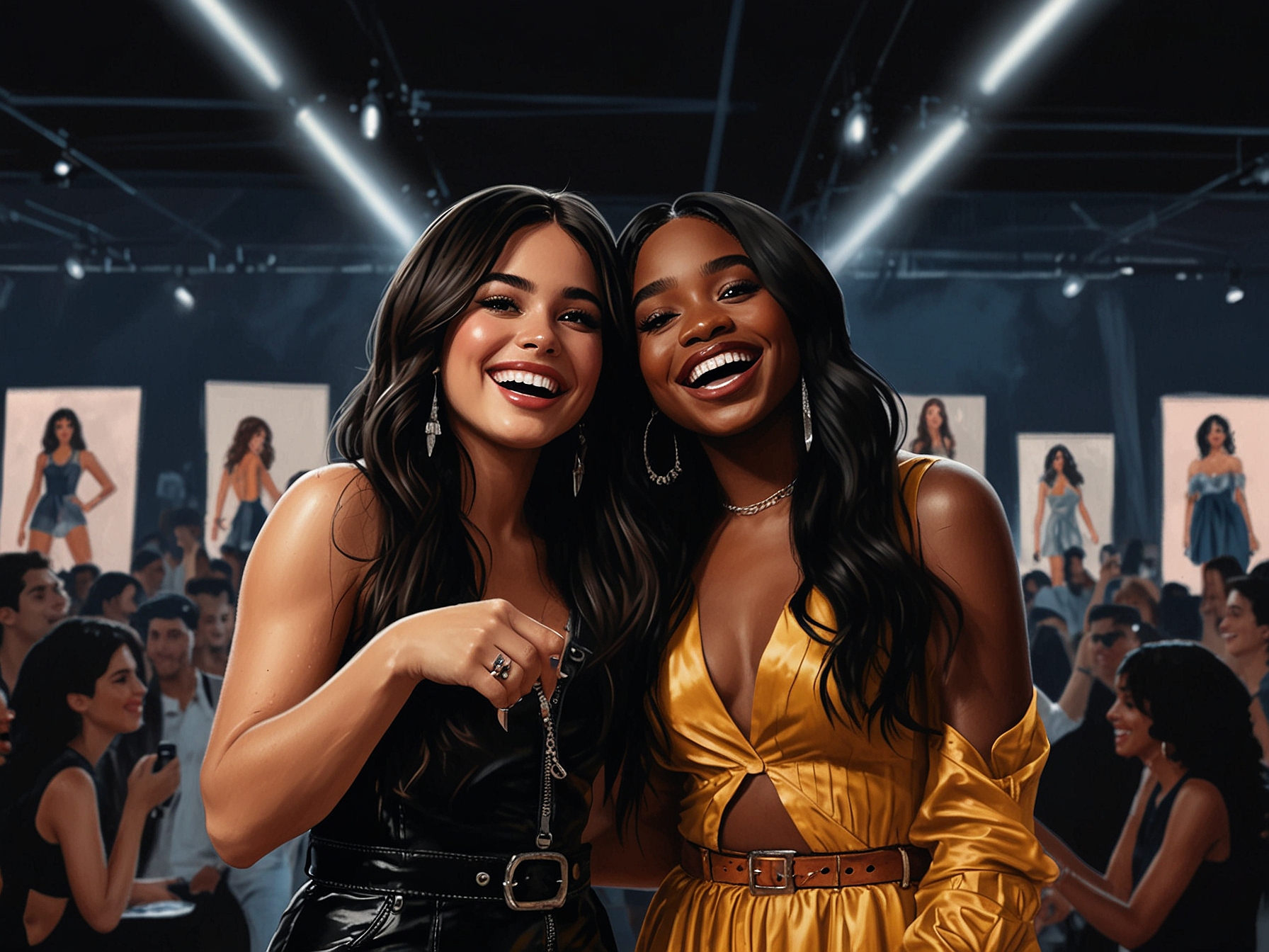 Camila Cabello and Normani laughing together at a fashion event, radiating joy and showcasing their rekindled friendship, set against a stylish backdrop.