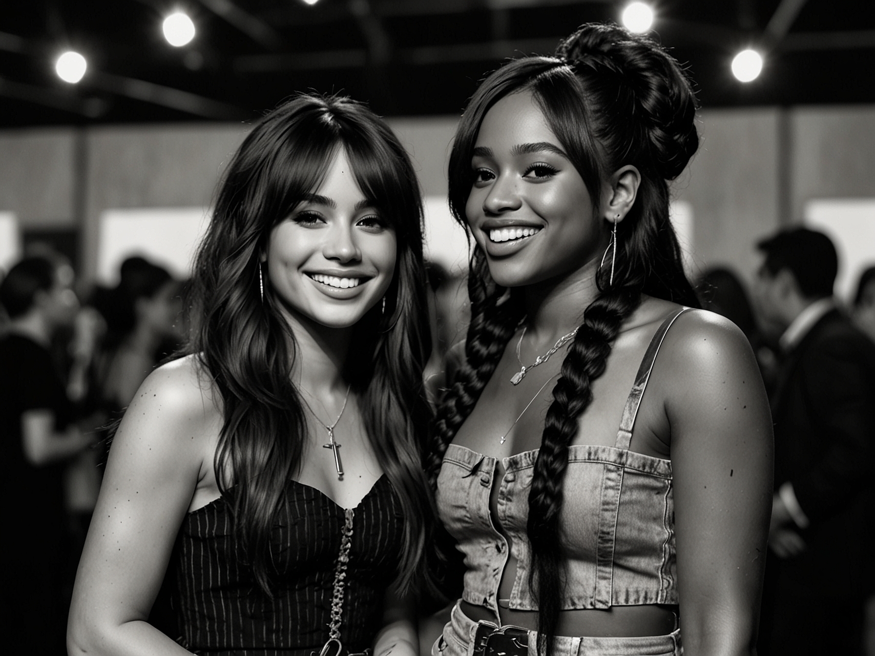 Camila Cabello performing at a music event with visuals of Normani in the background, representing their parallel journeys in the music industry.