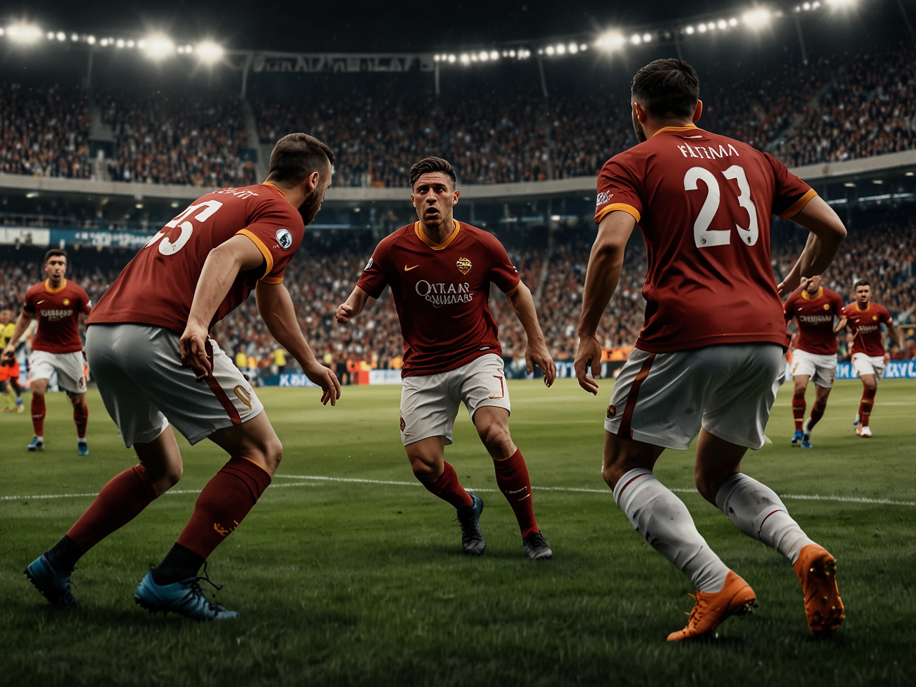 An intense moment from a Serie A match featuring AS Roma players battling for control against their opponents, highlighting the pressure and determination on the pitch.