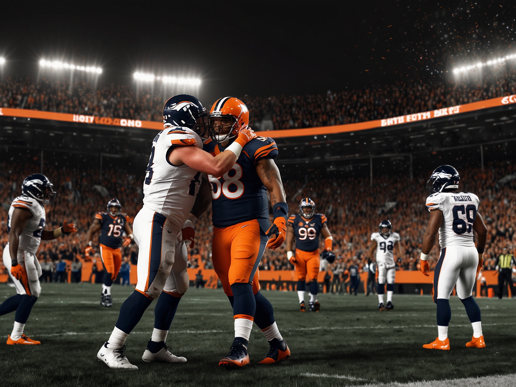 An intense moment from the Broncos vs. Browns game, showcasing the celebration of the Broncos players after scoring a crucial touchdown late in the game, filled with emotions of triumph and relief.