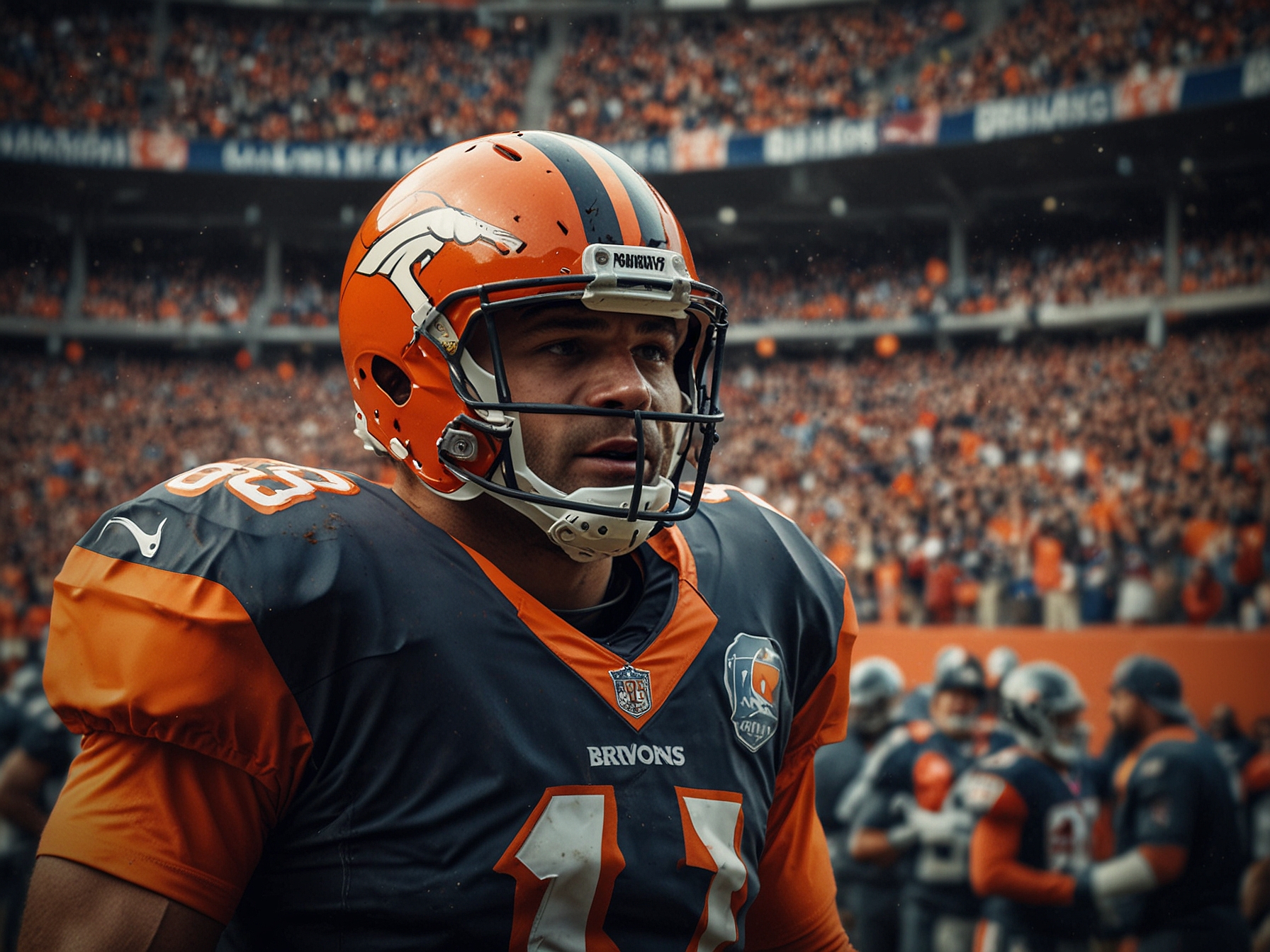 Fans in the stands cheering passionately for the Broncos, wearing team colors, and holding banners, capturing the electric atmosphere and the roller coaster emotions of the game.