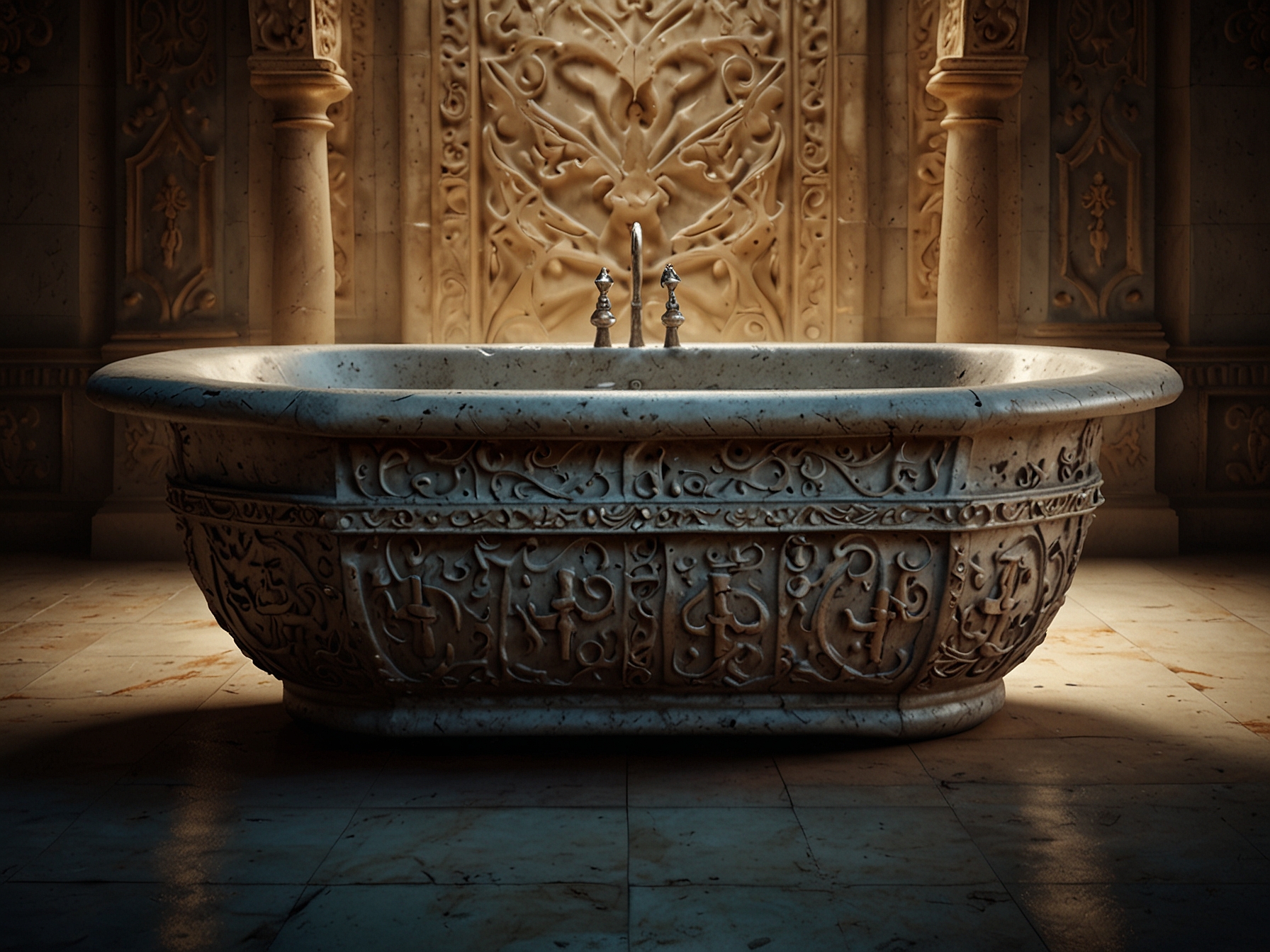 A stunningly carved ancient Byzantine bathtub made from a single block of stone, showcasing intricate craftsmanship that reflects the era's luxury and engineering skills.