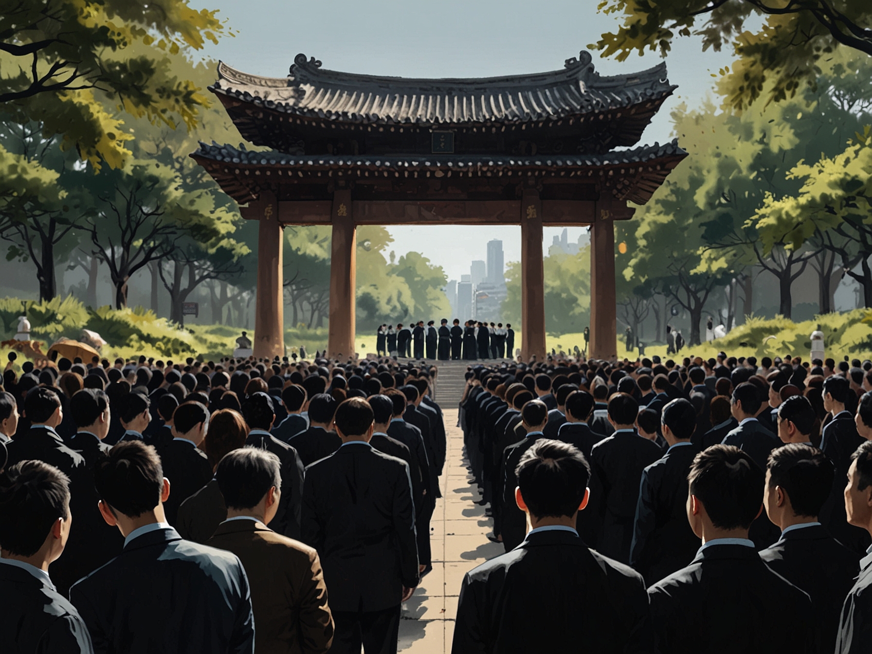 A somber gathering of fans and colleagues at Park Min Jae's memorial service in South Korea, highlighting the deep emotional impact of his passing.