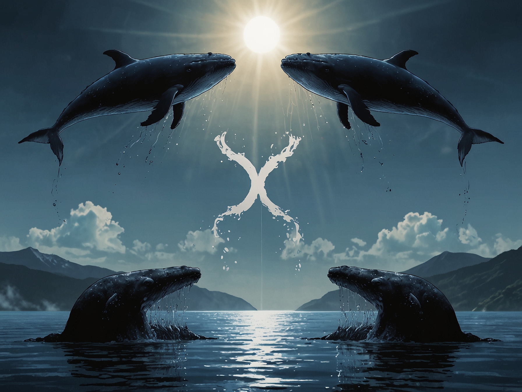 An artistic representation of XRP coins with whale silhouettes in the background, symbolizing the increased whale activity and the potential rise of XRP's value in the market.