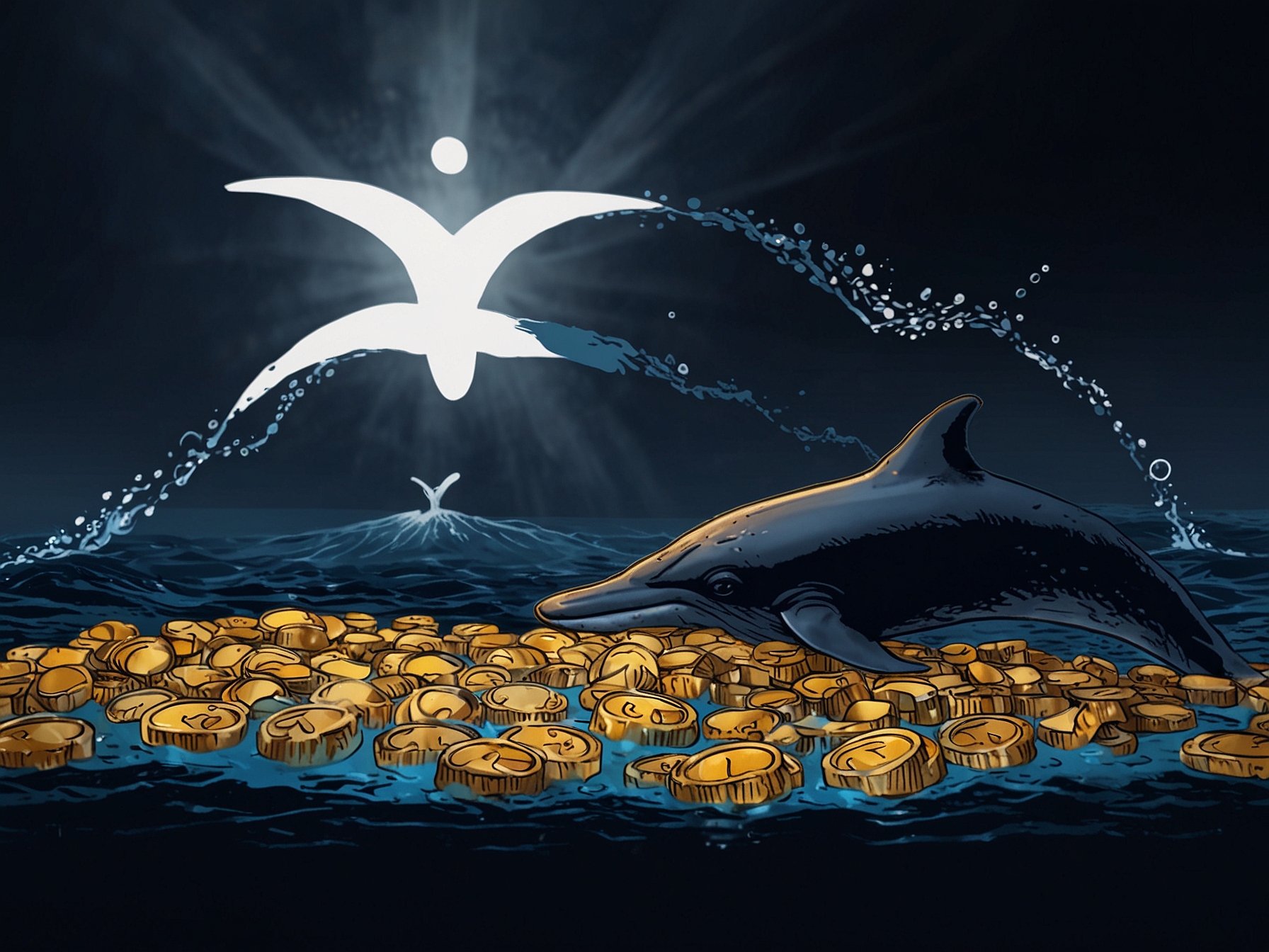 A graph depicting an upward trend in XRP prices and whale transactions, conveying the bullish market outlook fueled by large investors and new technologies in cryptocurrency.