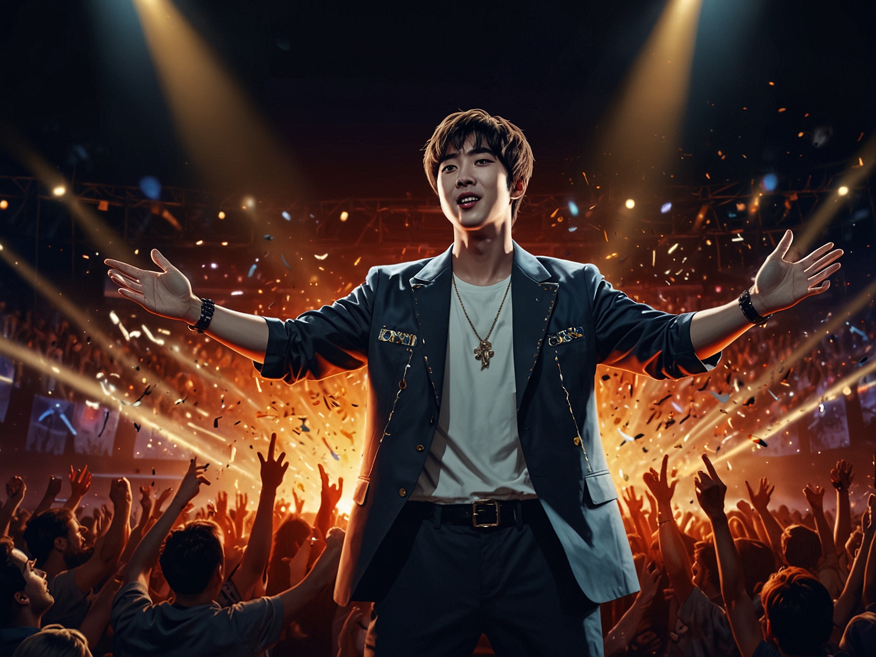 A close-up of Jin during a recording session, immersed in his music, showcasing his dedication and passion for creating heartfelt songs.