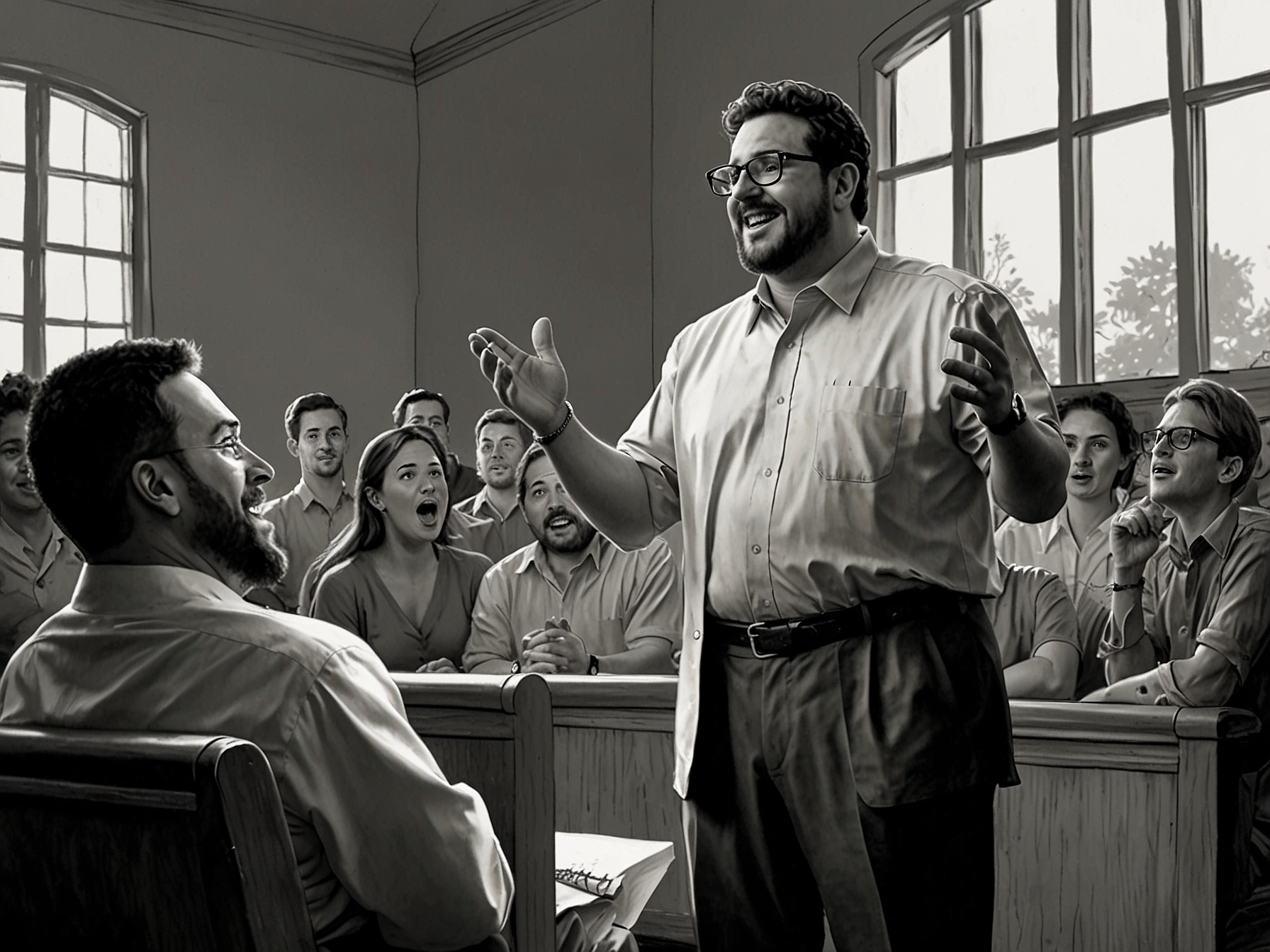 An image of Gus Miftah during a sermon, capturing the moment he made the controversial comment, surrounded by an audience in a religious setting, reflecting a mixed atmosphere of humor and tension.