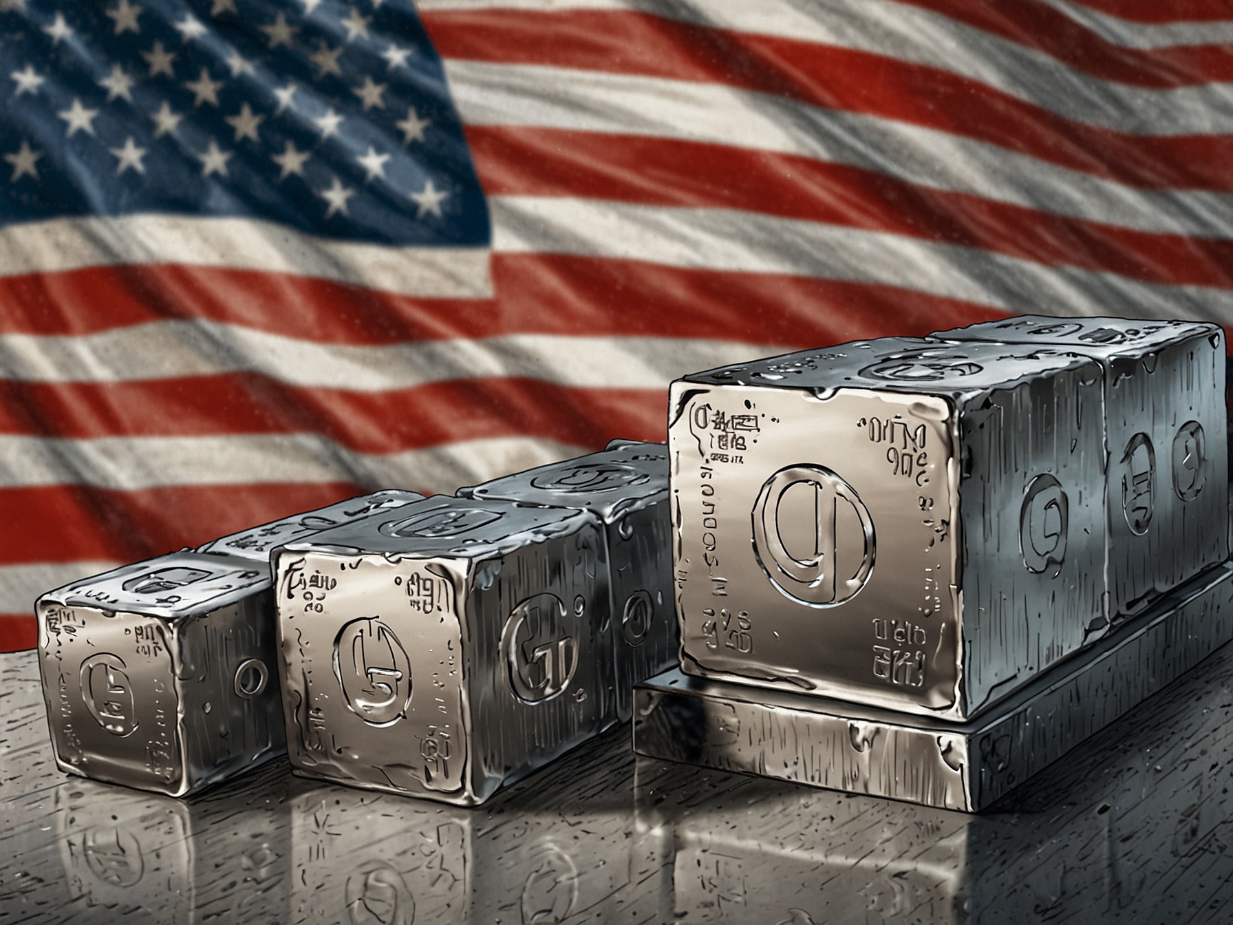 An illustrative graphic showing gallium and germanium elements, highlighting their importance in technology, along with a backdrop of U.S.-China trade tension symbols.