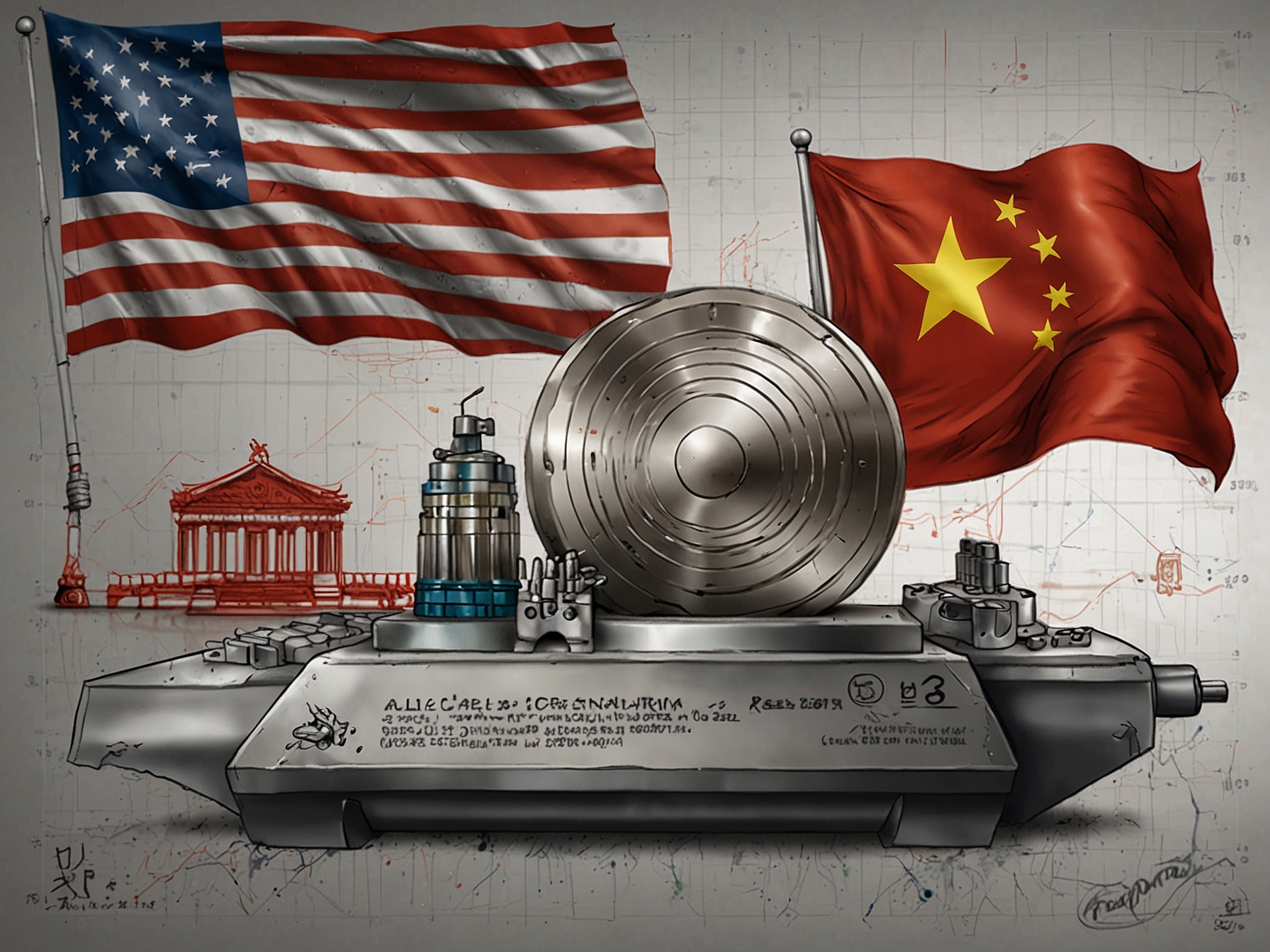 A visual representation of a factory producing semiconductors, with emphasis on the supply chain affected by China's export ban, paired with charts showing rising material prices.
