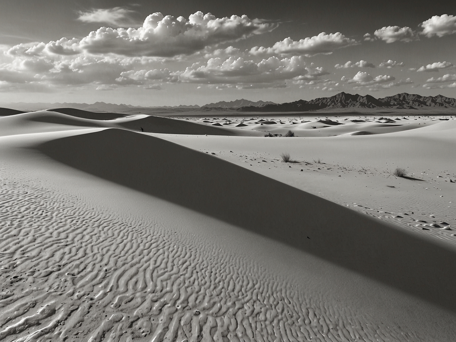 A scenic view of White Sands National Park, showcasing the vast white dunes and the backdrop of the rugged mountains, hinting at the ancient lakebed where footprints were discovered.