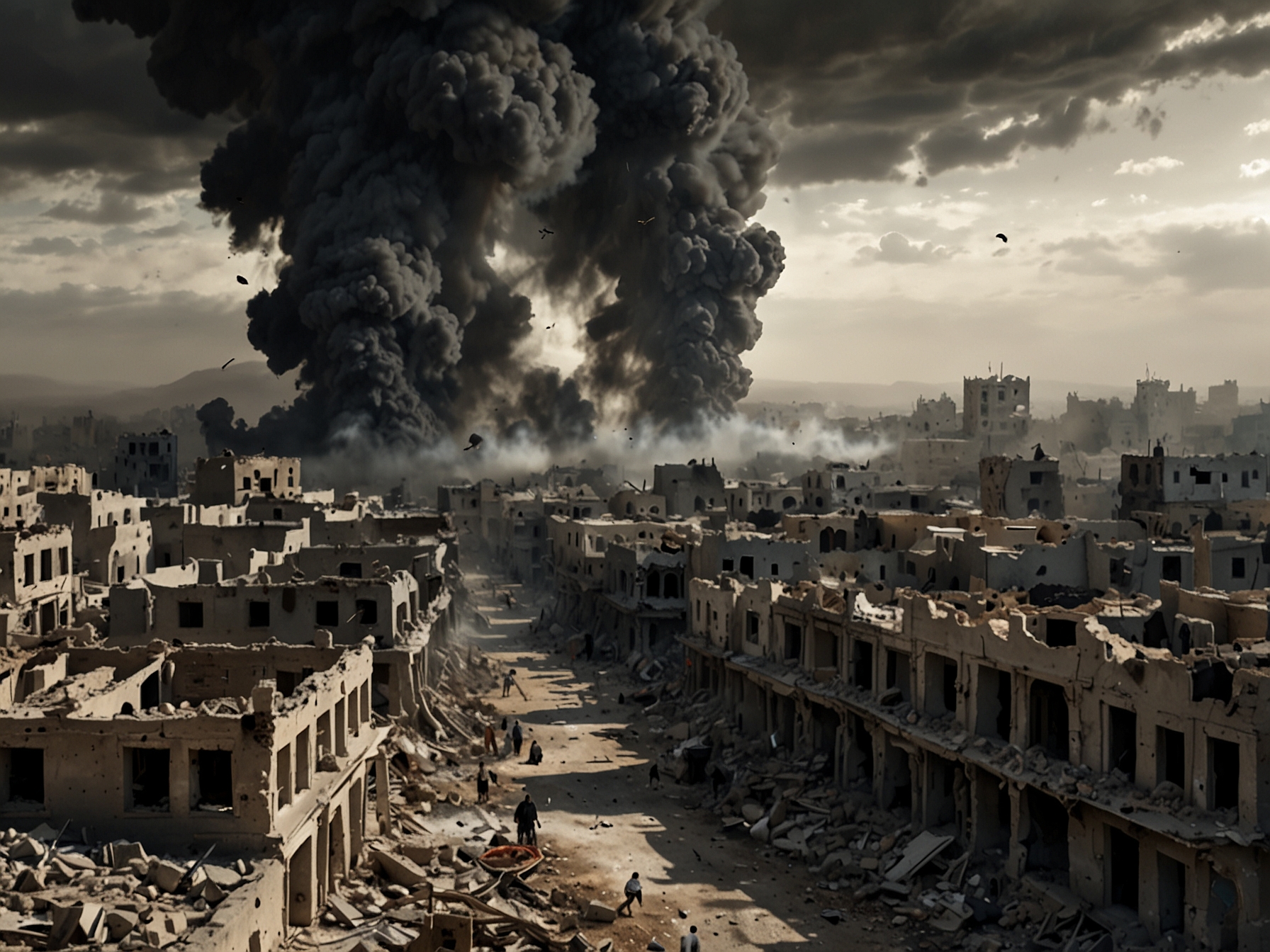 An aerial view of a devastated cityscape in Syria, showcasing the aftermath of conflict with damaged buildings, smoke rising in the background, and military activity evident, representing the current turmoil.