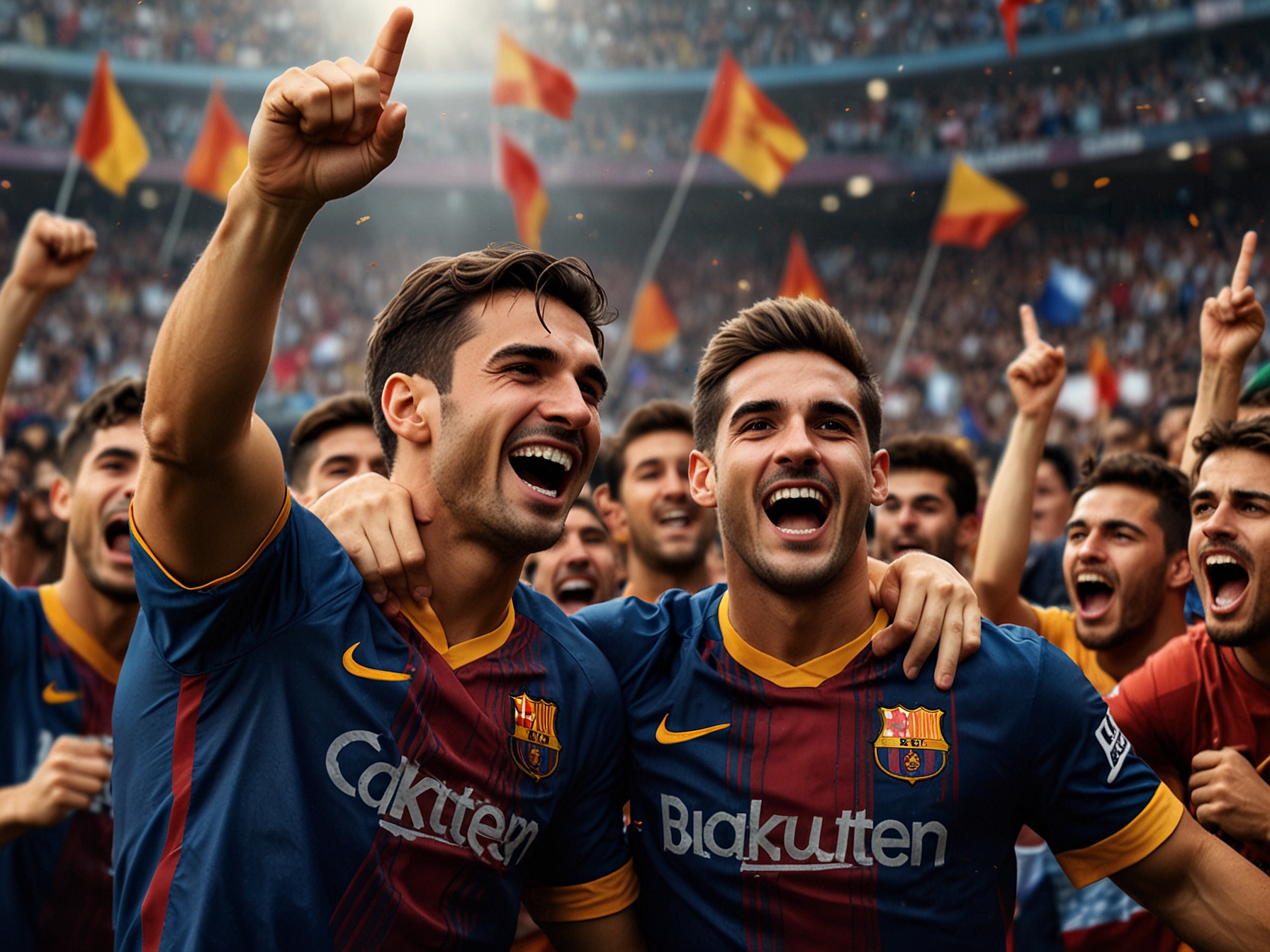 A vibrant action shot of FC Barcelona players celebrating a goal, with Ferran Torres at the center, surrounded by cheering teammates. The background shows jubilant fans waving flags, depicting the festive atmosphere of the match.