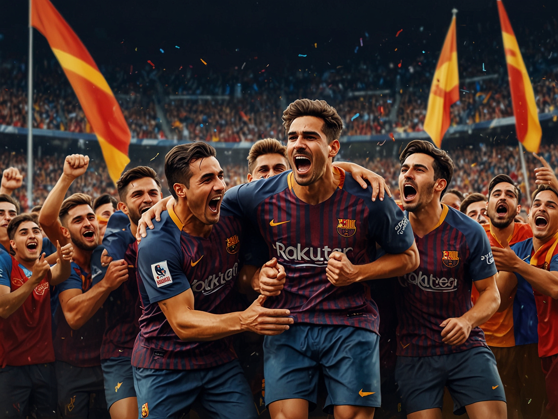 An aerial view of Son Moix stadium filled with animated fans during the Christmas season, highlighting the electric atmosphere of the match, with Barcelona players in action on the pitch below.