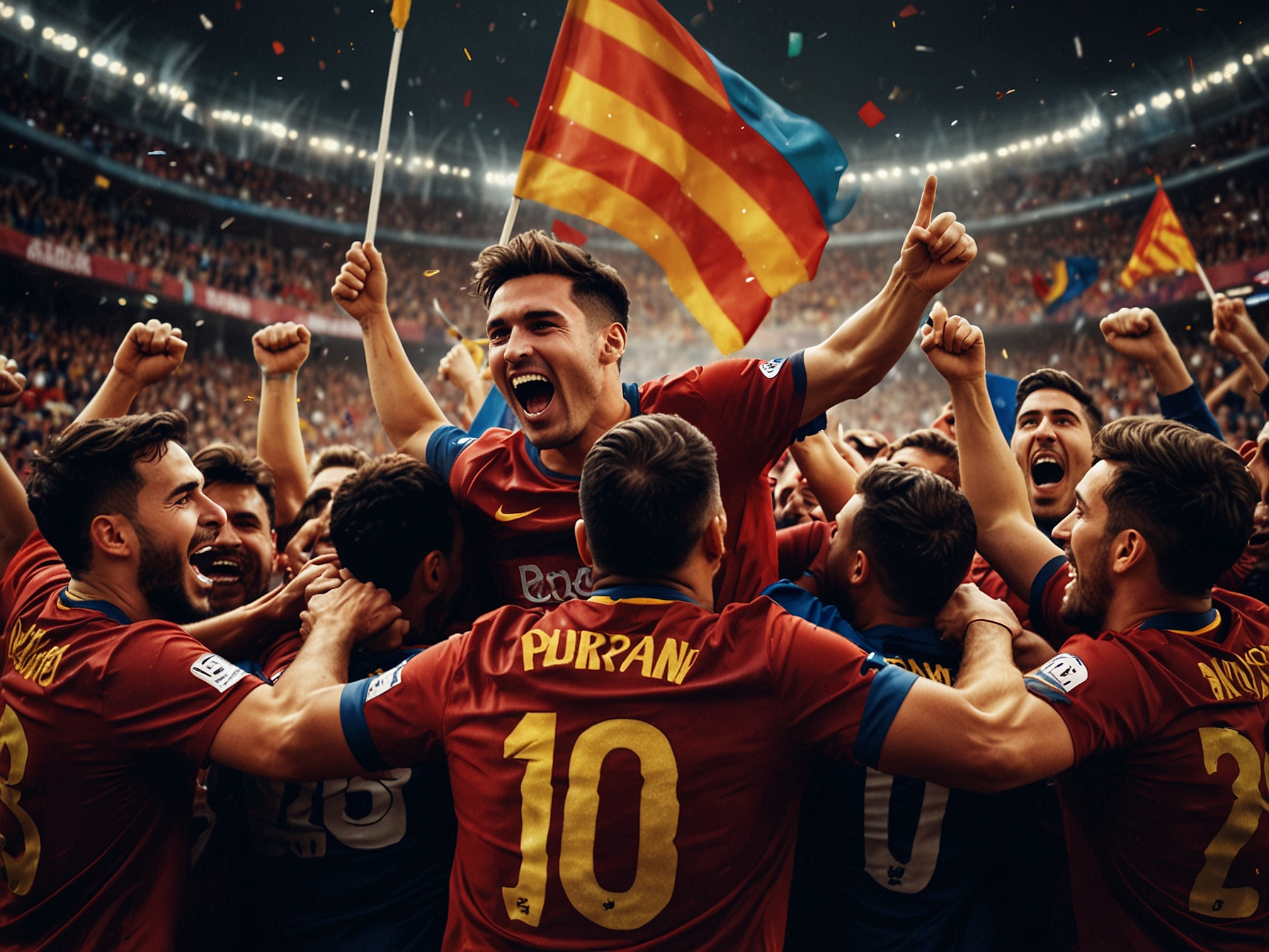 A close-up of Raphinha taking a shot during the game against Mallorca, with intensity in his eyes and the goal post in focus, showcasing the competitive spirit of FC Barcelona.