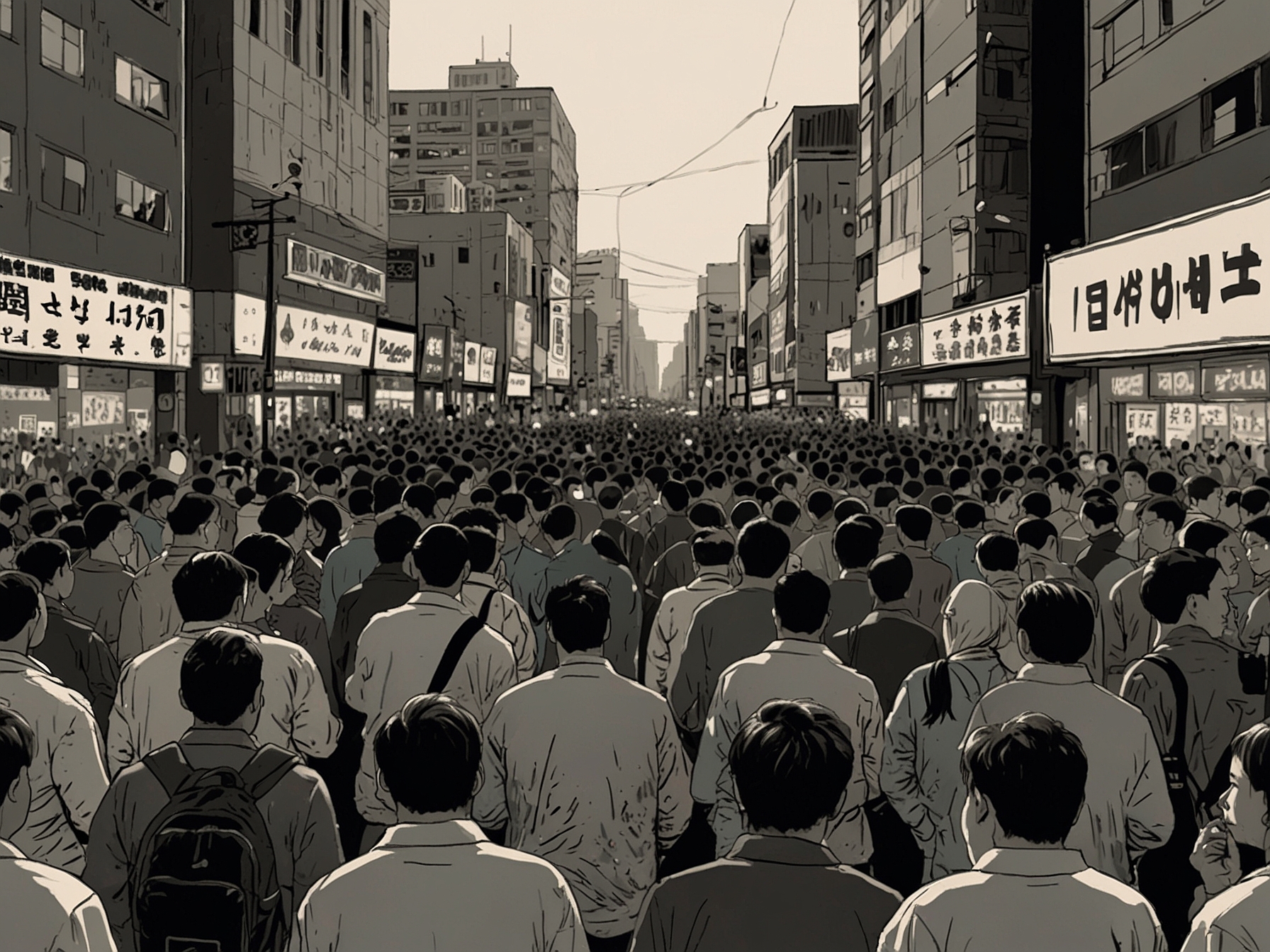 An image showing a crowded street in Seoul with anxious citizens gathering, holding their phones and looking concerned as news of martial law spreads. The tension is palpable in the air, with protesters on one side and police visible in the background.