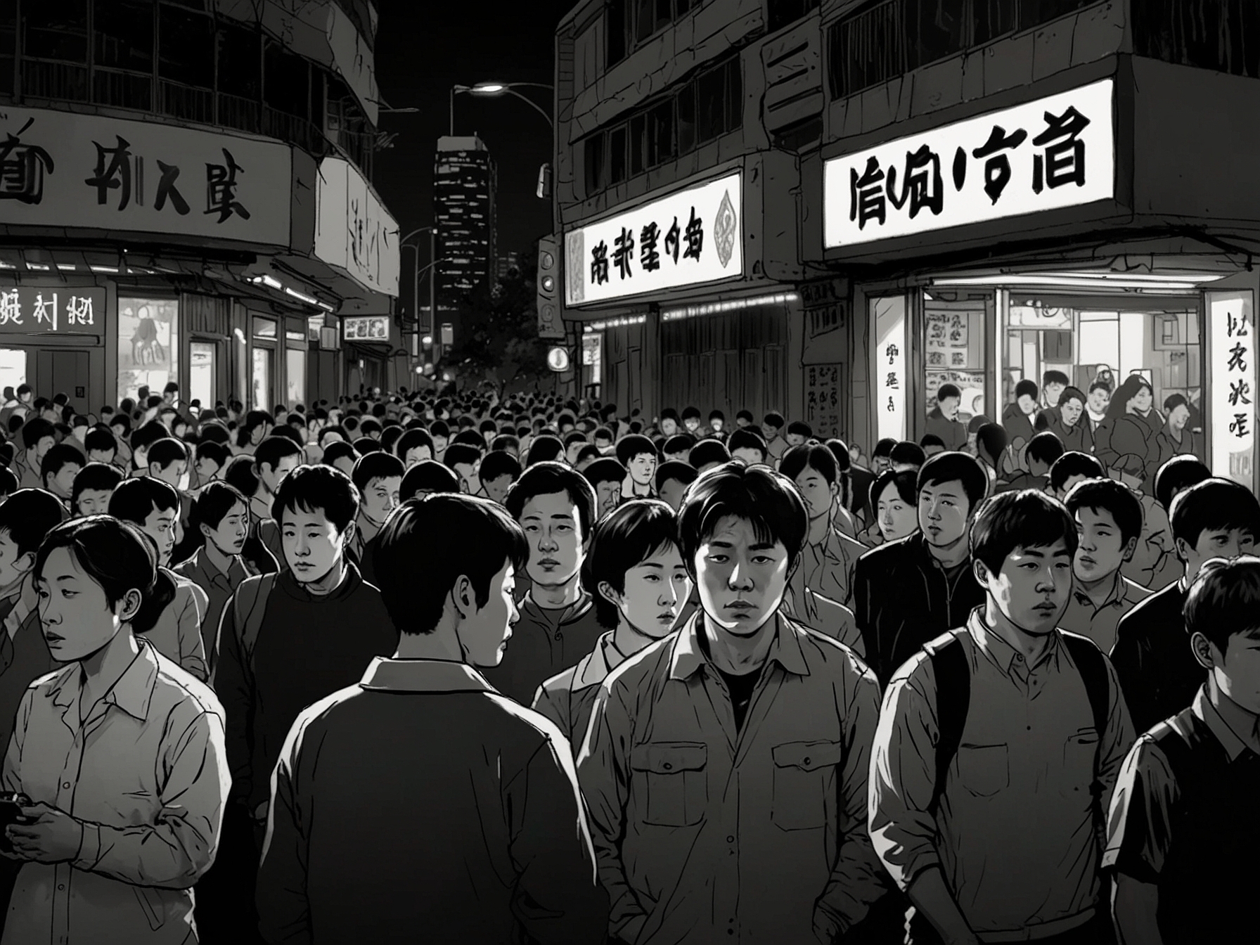 A somber scene depicting a group of young South Koreans debating the implications of martial law in a park, with historical protest images in the background reflecting on past struggles for democracy.