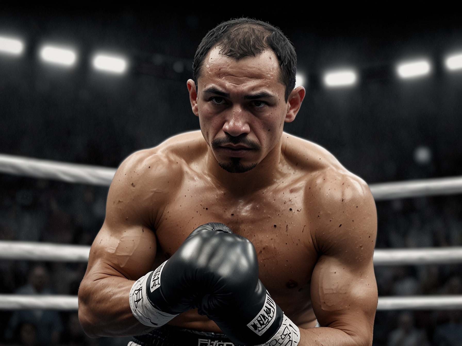 A close-up portrait of Israel Vazquez, capturing the essence of a champion, his focused gaze reflecting both the triumphs and struggles he faced throughout his remarkable career.