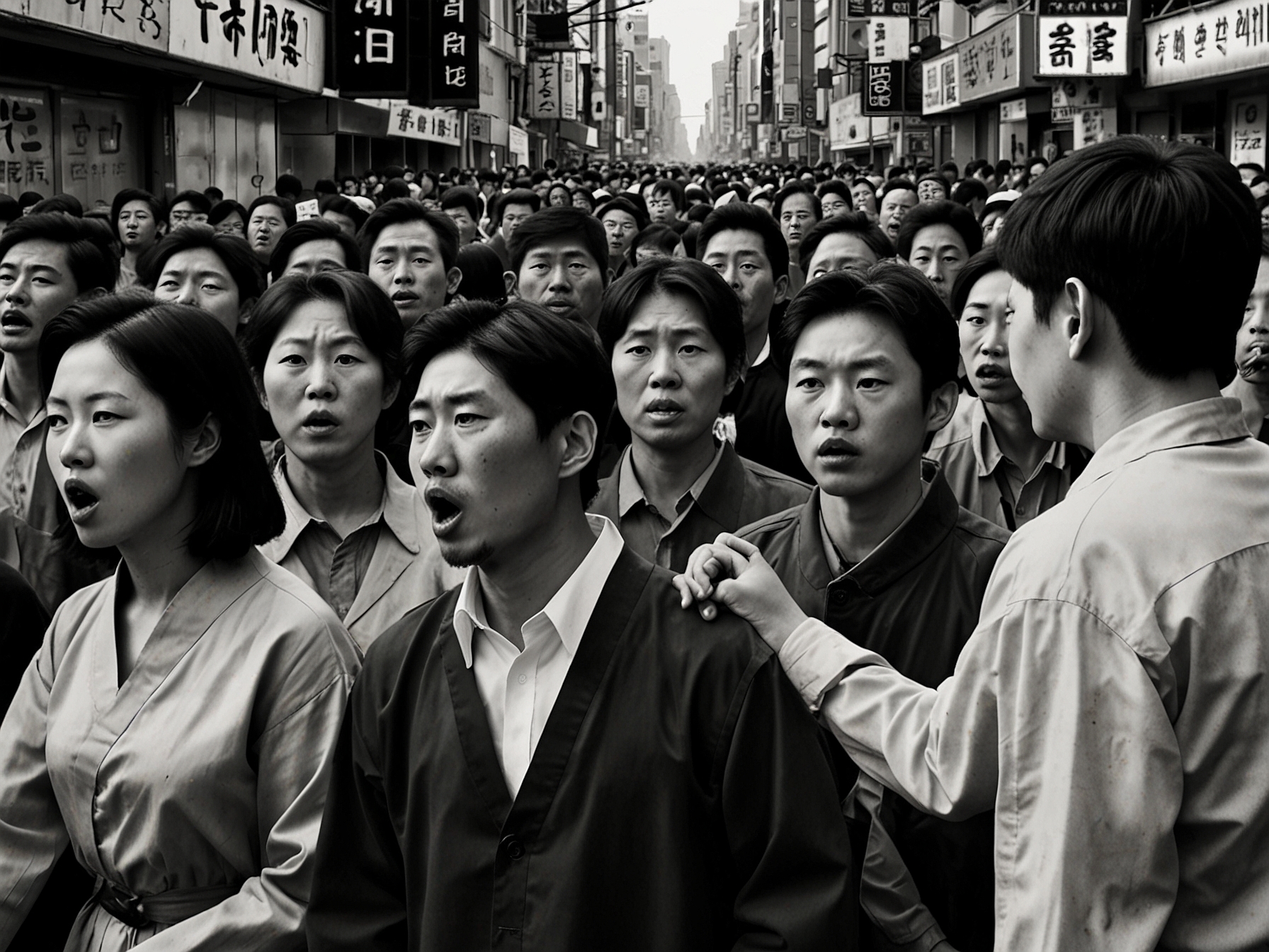 A scene from the streets of Seoul where citizens gather in protest, holding banners and shouting demands for accountability following the declaration of martial law. The atmosphere is tense, with a mix of fear and determination visible on people's faces.