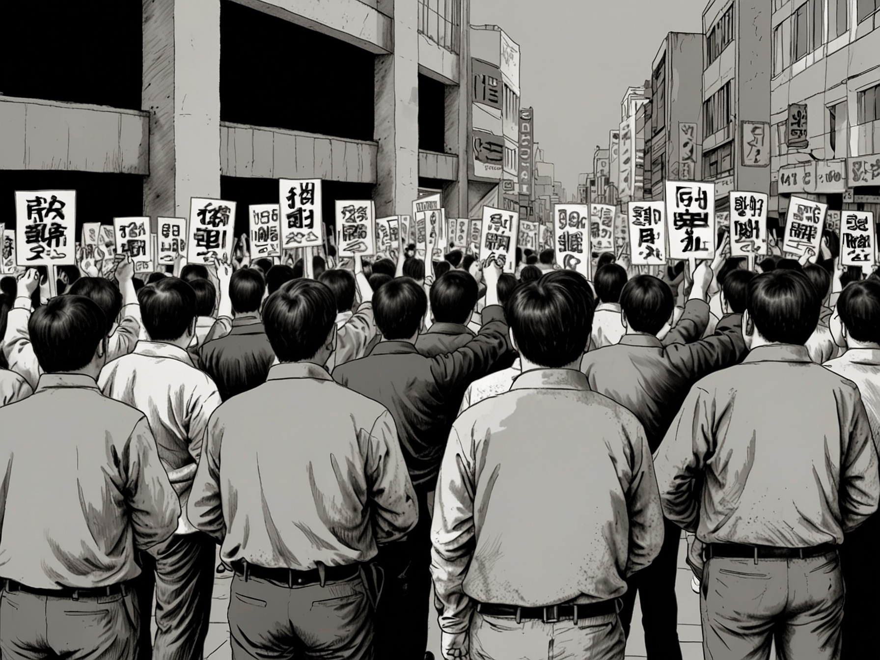 Troops standing guard outside the National Assembly as citizens gather for a mass protest against the martial law declaration. The backdrop showcases the significant buildings of power in South Korea, symbolizing the tension between authority and public outcry.