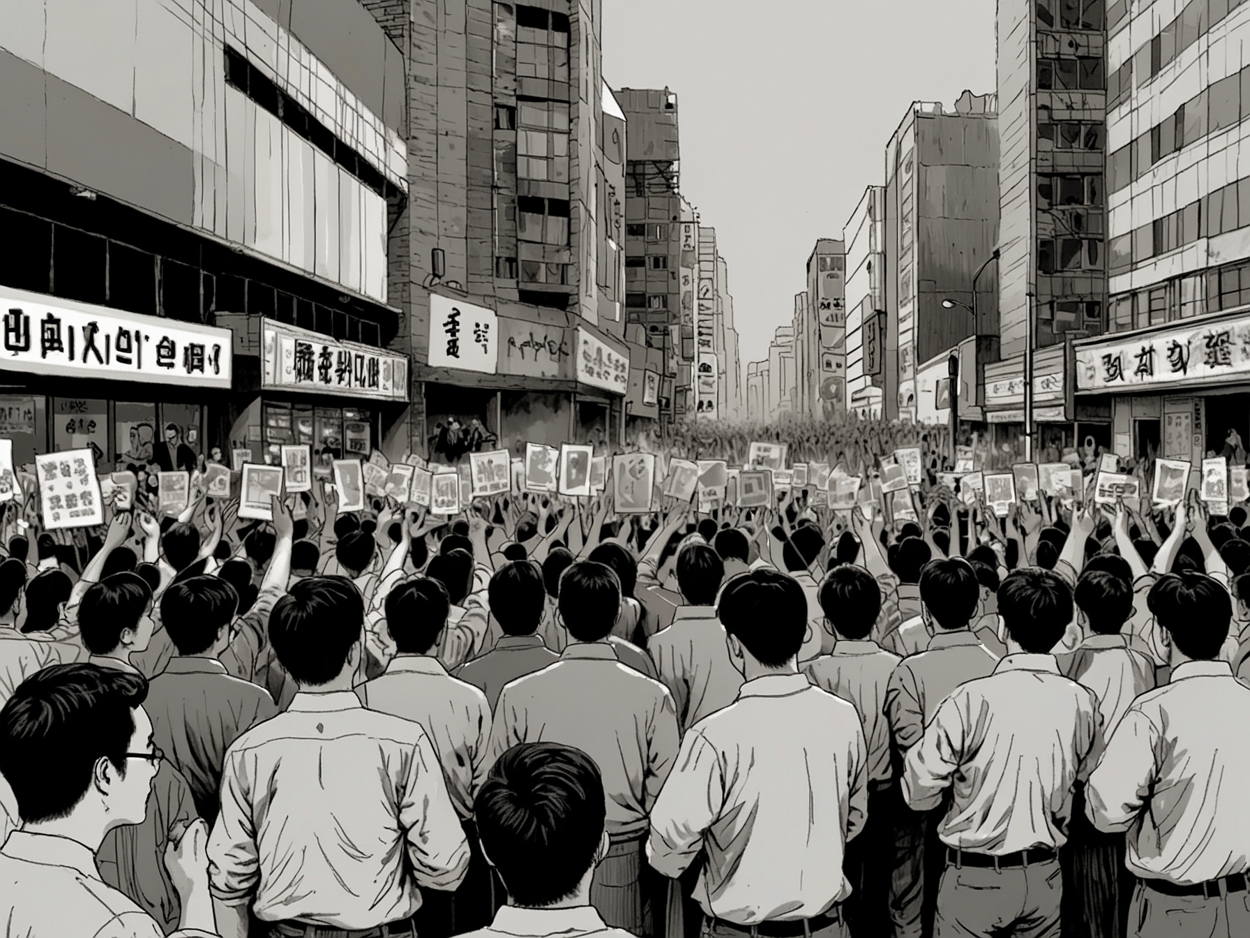 A close-up of a protest sign reading 'Yoon Suk-yeol, step down!' amidst a crowd in Seoul, capturing the essence of public dissent and calls for democratic accountability against a historic backdrop.