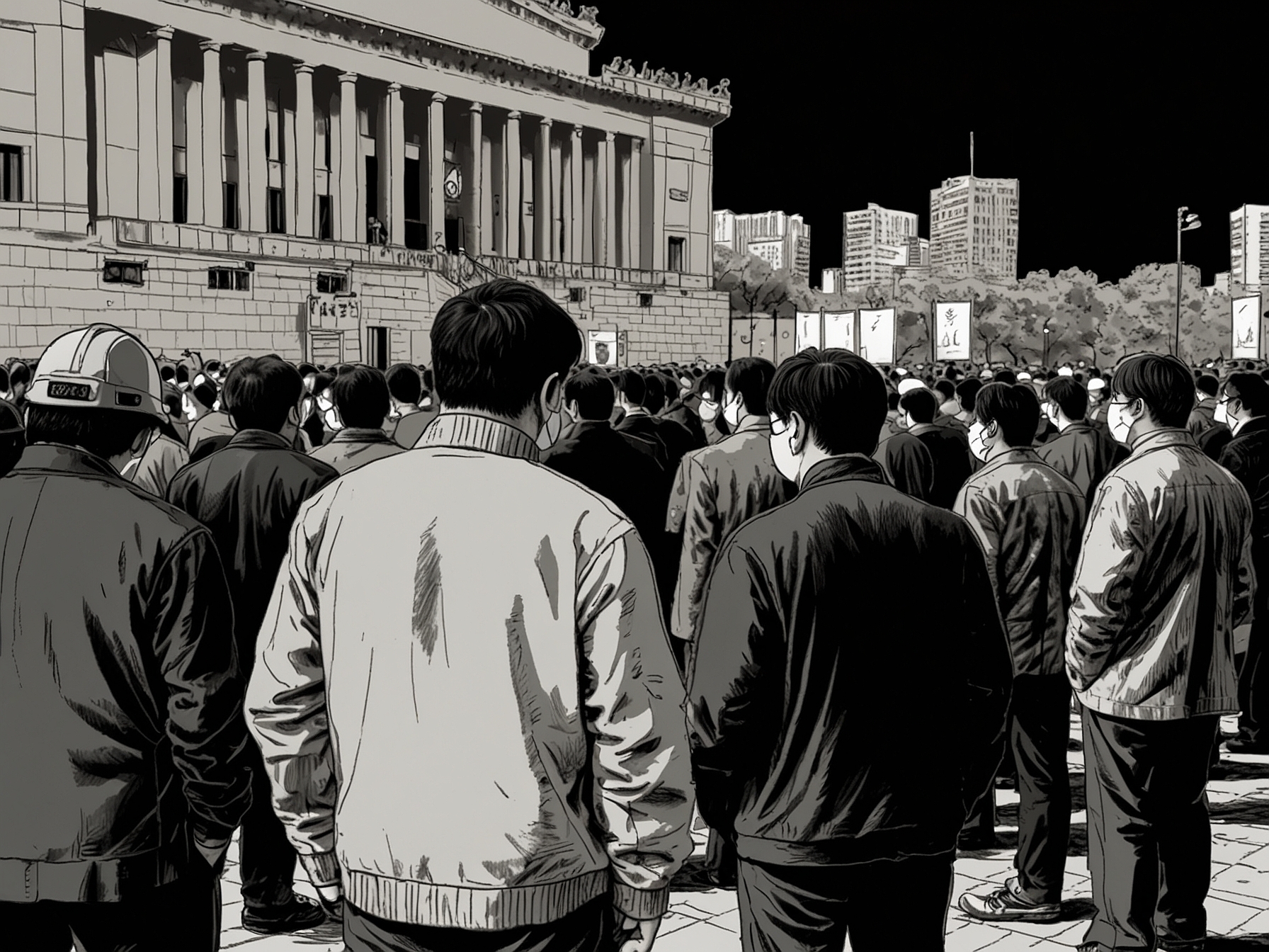 A tense scene outside the National Assembly in South Korea, where politicians gather amidst protests to discuss the martial law situation, symbolizing the struggle for democracy.