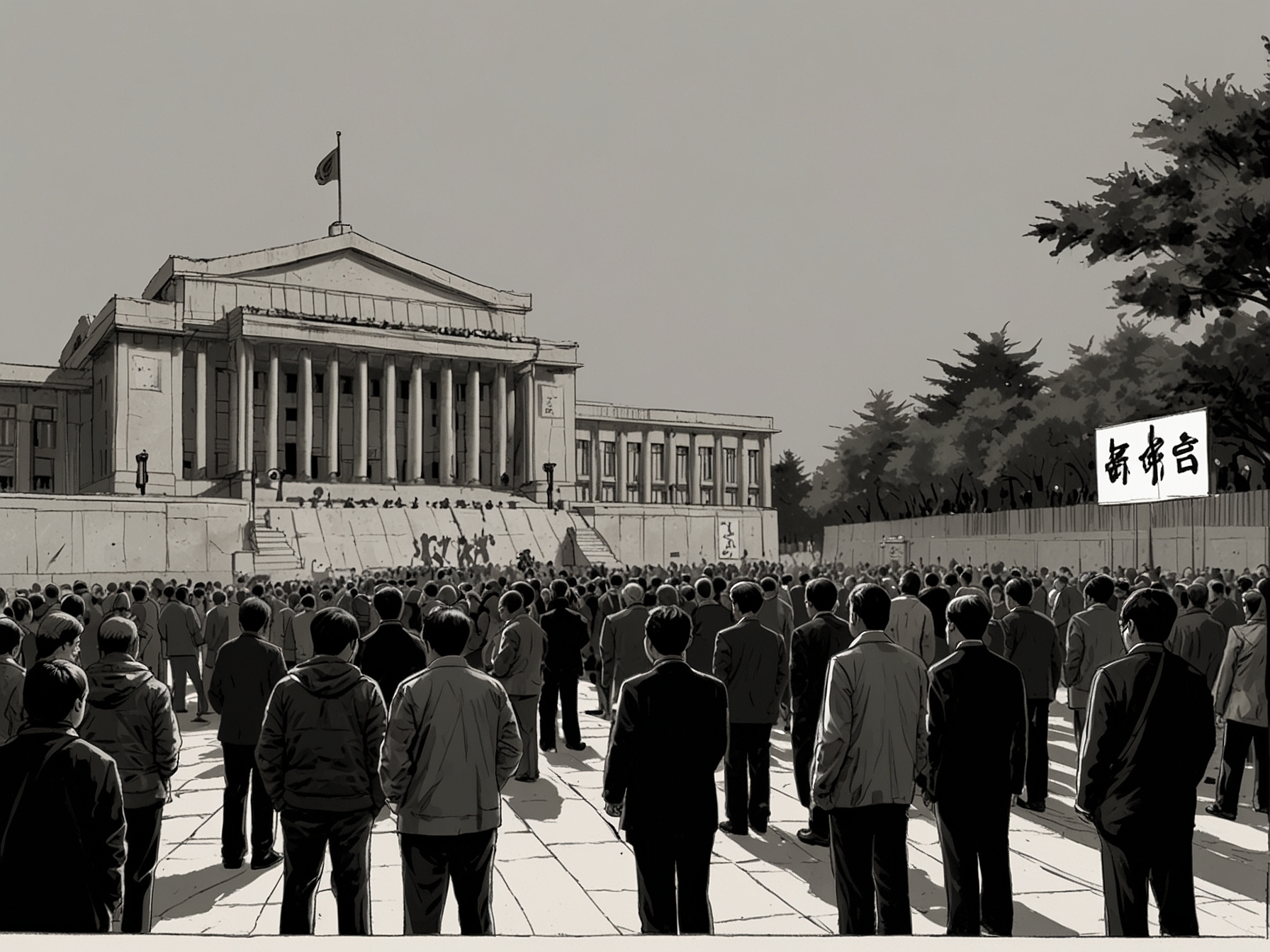 Protesters holding signs advocating for democracy in South Korea, representing the public's response to the government's martial law declaration and the demand for political accountability.