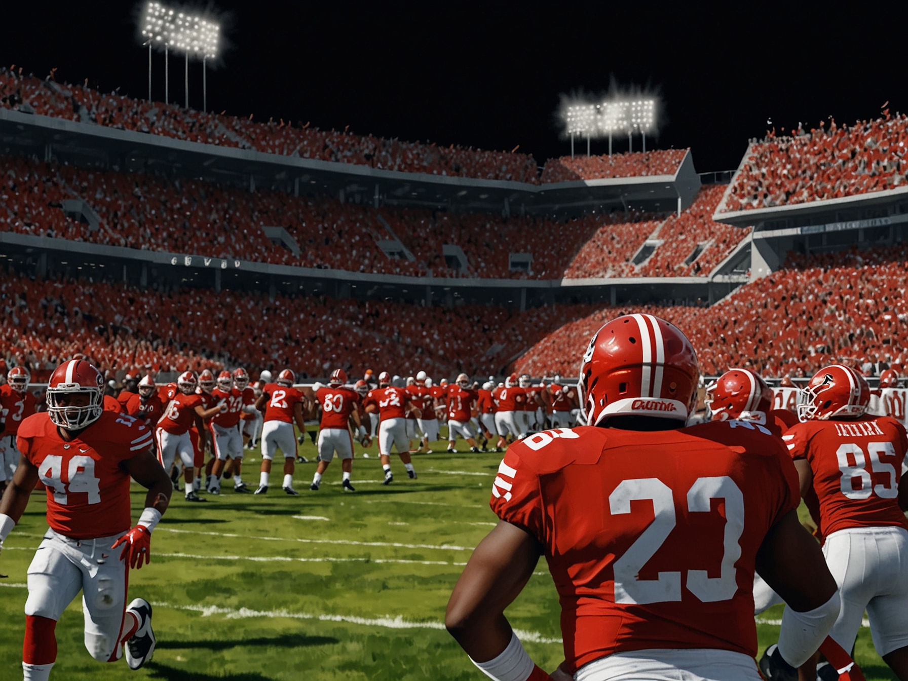 An intense college football game with players from Georgia and Alabama battling on the field, showcasing the vibrant excitement of Championship Weekend. The stadium is packed with fans in team colors, highlighting the passionate atmosphere of this crucial match.