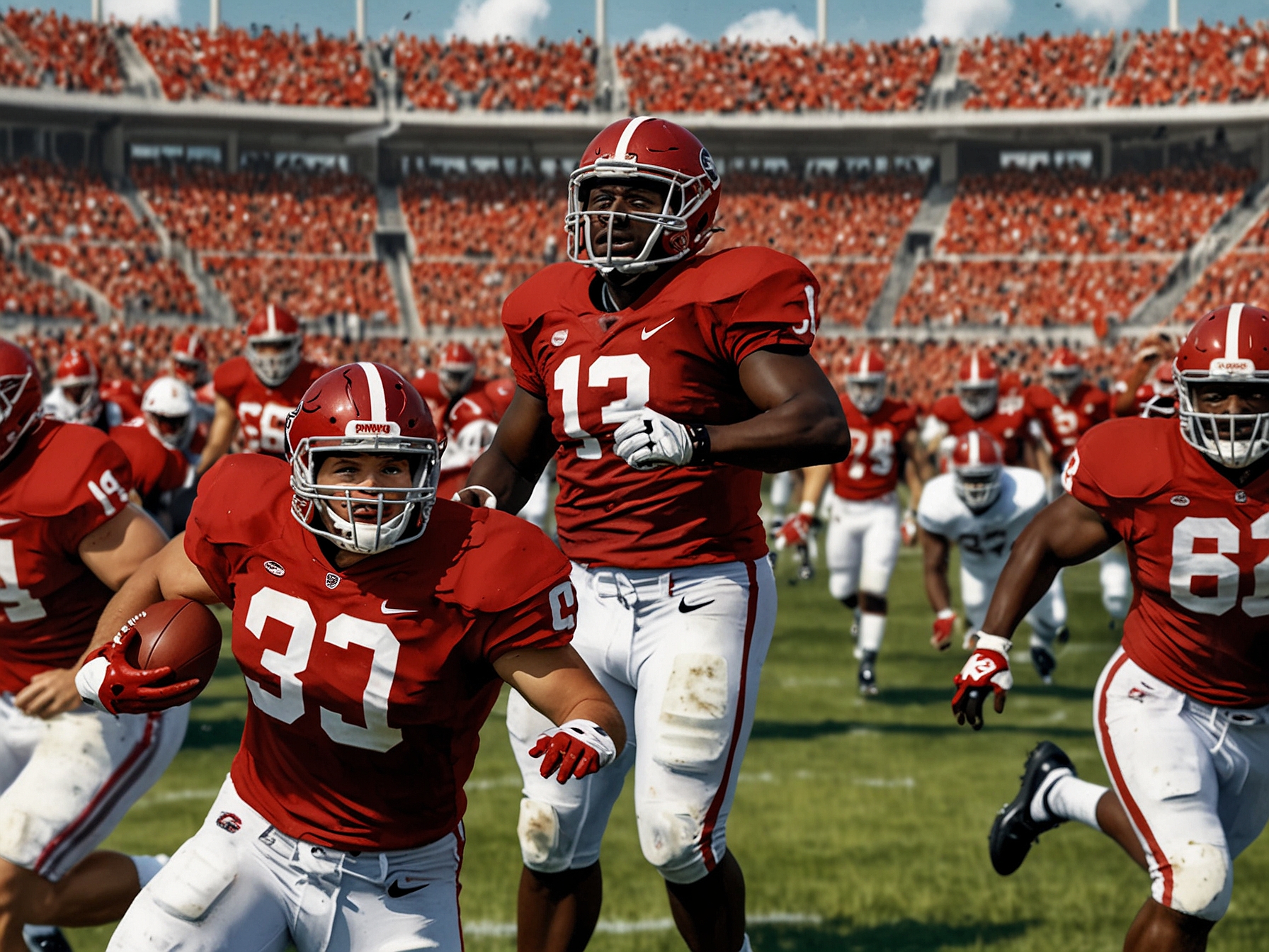 A close-up shot of a football in mid-air during a pass between players, symbolizing the crucial plays that determine the outcome of the College Football playoffs and rankings.