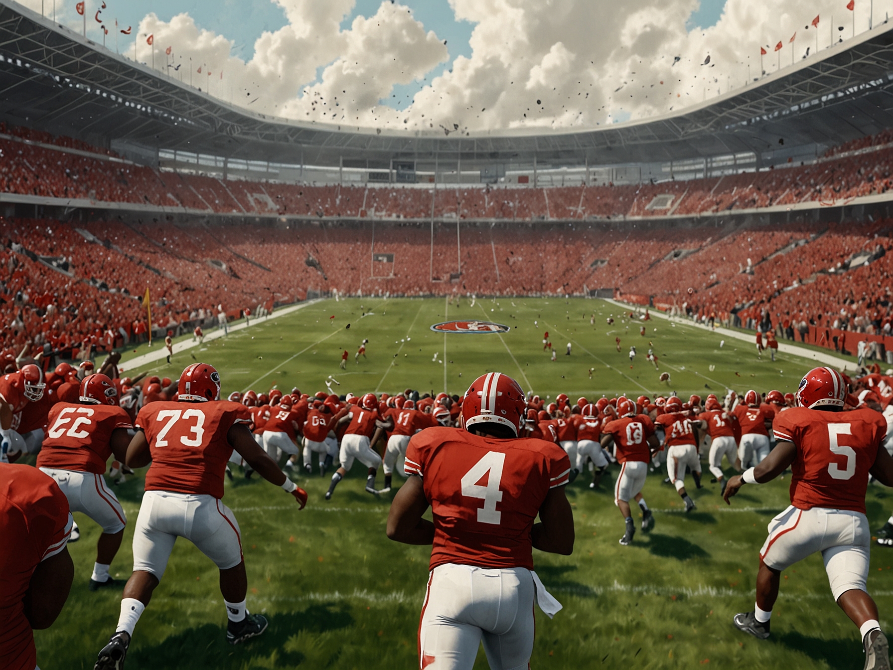 A scoreboard displaying the final score of a recent game, with students celebrating in the background, reflecting the high stakes and emotions surrounding college football championship games this weekend.