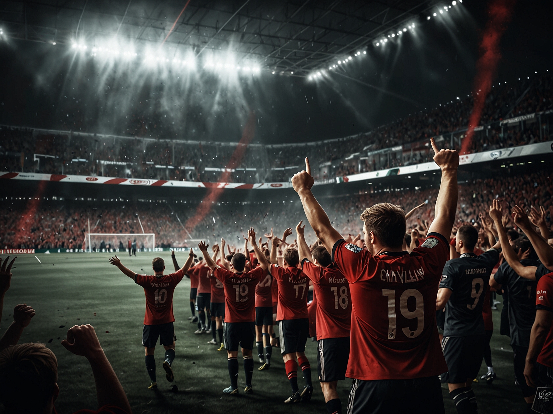 An intense football match featuring Bayer Leverkusen celebrating their goal, with fans erupting in jubilation and the atmosphere electric throughout the stadium.