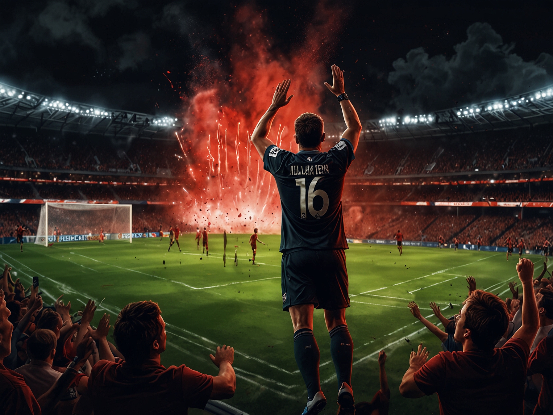 Nathan Tella leaping in the air to head the ball into the net, surrounded by defenders as the crowd behind him explodes in celebration after the decisive goal.