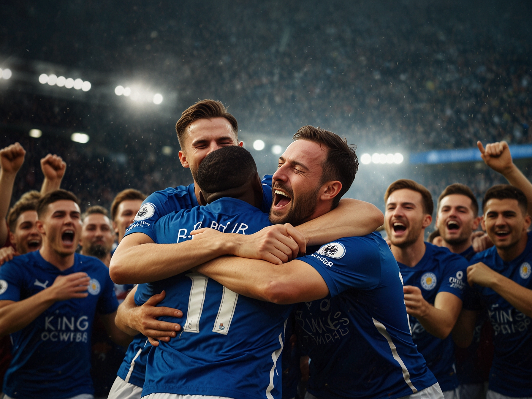 A victorious Leicester City team celebrates their astonishing 3-1 win over West Ham, with players embracing each other and fans cheering in the background, illustrating the joy of their recent triumph.