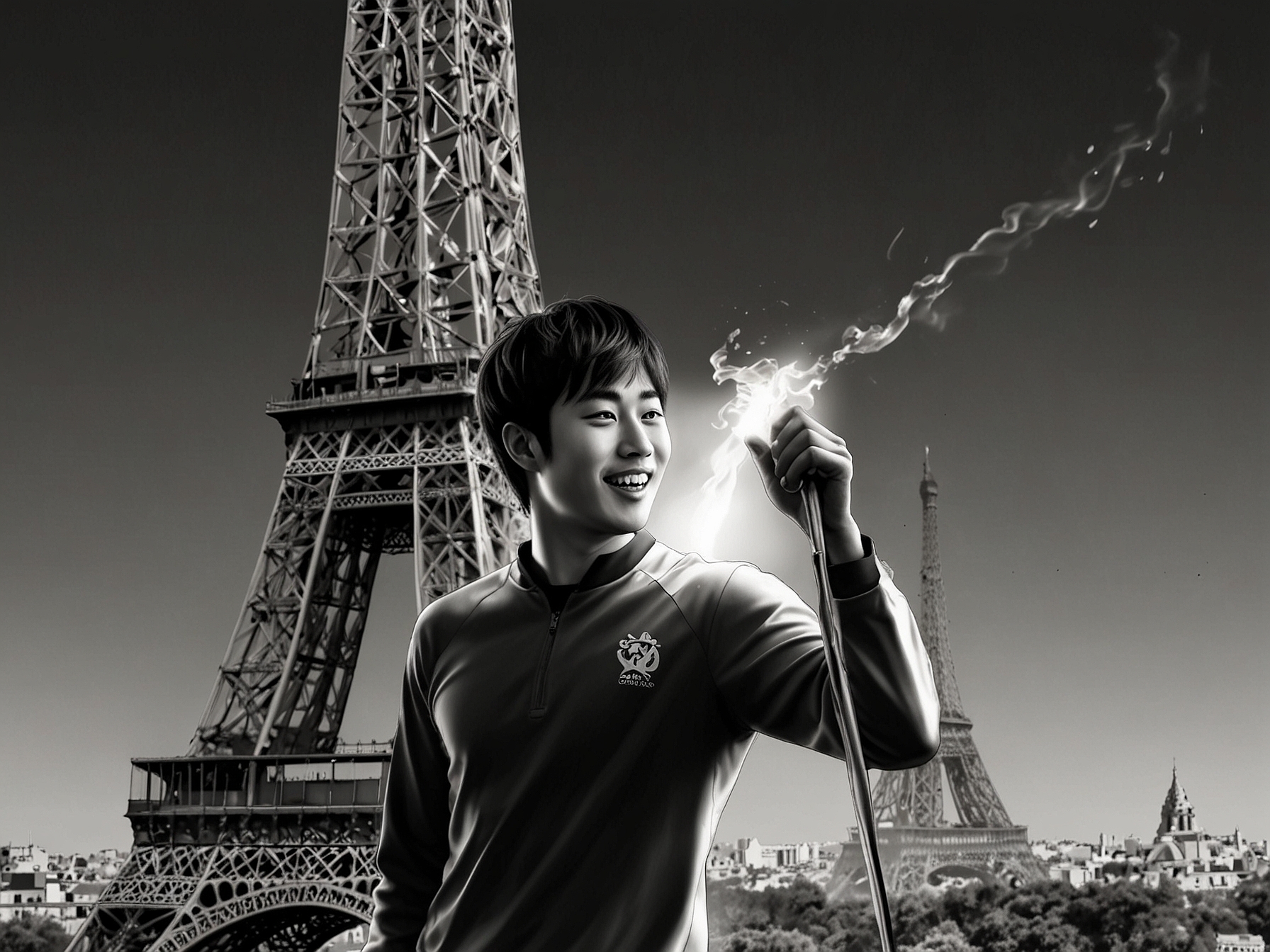 A vibrant photo of Jin holding the Olympic torch, smiling brightly against a backdrop of the Paris skyline, capturing the essence of his journey as a global superstar.