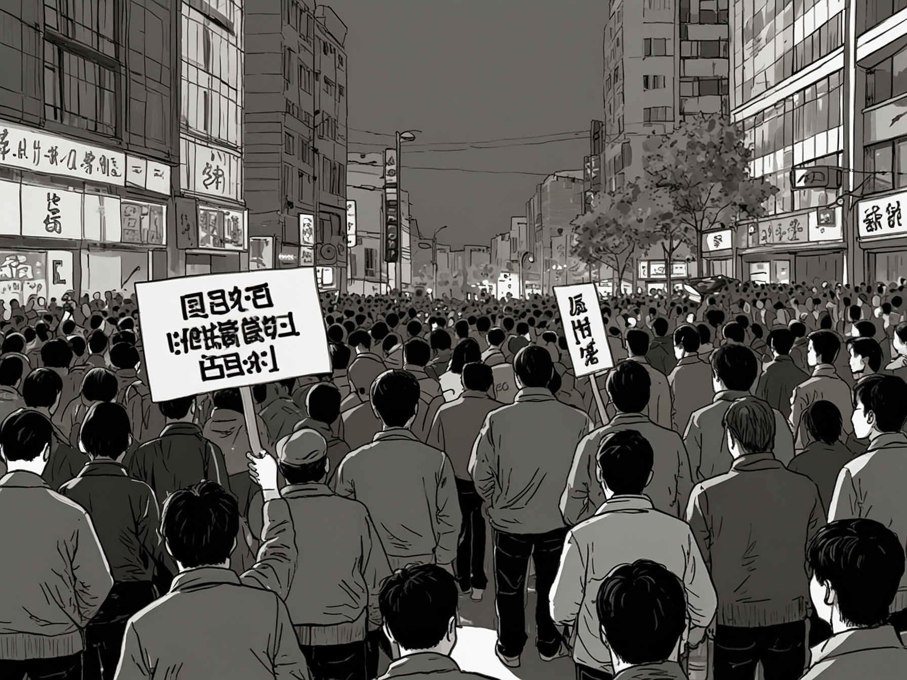 A tense scene from a protest in Seoul with crowds gathered holding banners and chanting, emphasizing the struggle for democracy in light of a military emergency declaration.