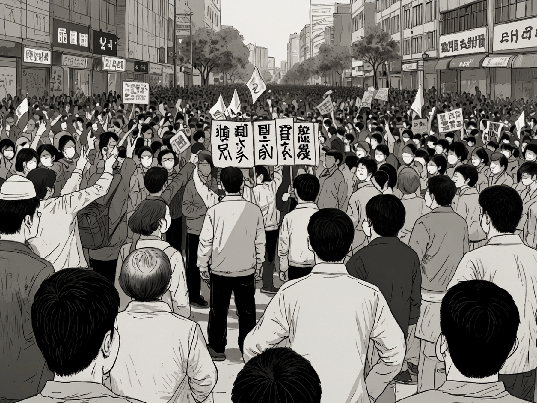 Close-up of protesters with determined expressions, raising their fists in the air, symbolizing the fight for democratic governance and civil rights amidst political turmoil.