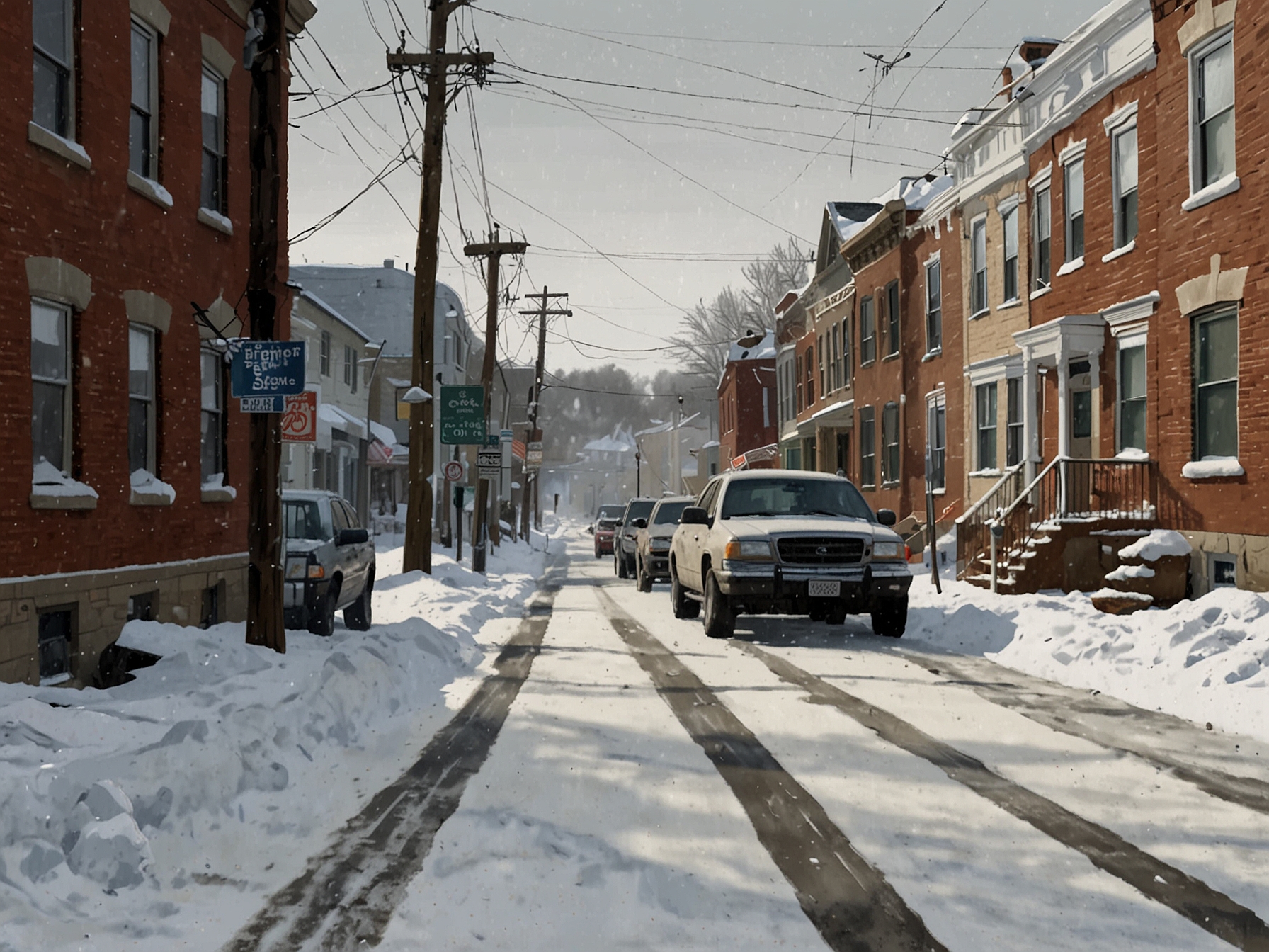 A snow-covered street in North East, PA, showcasing piled high snow on sidewalks and vehicles, illustrating the heavy snowfall impact on local life.