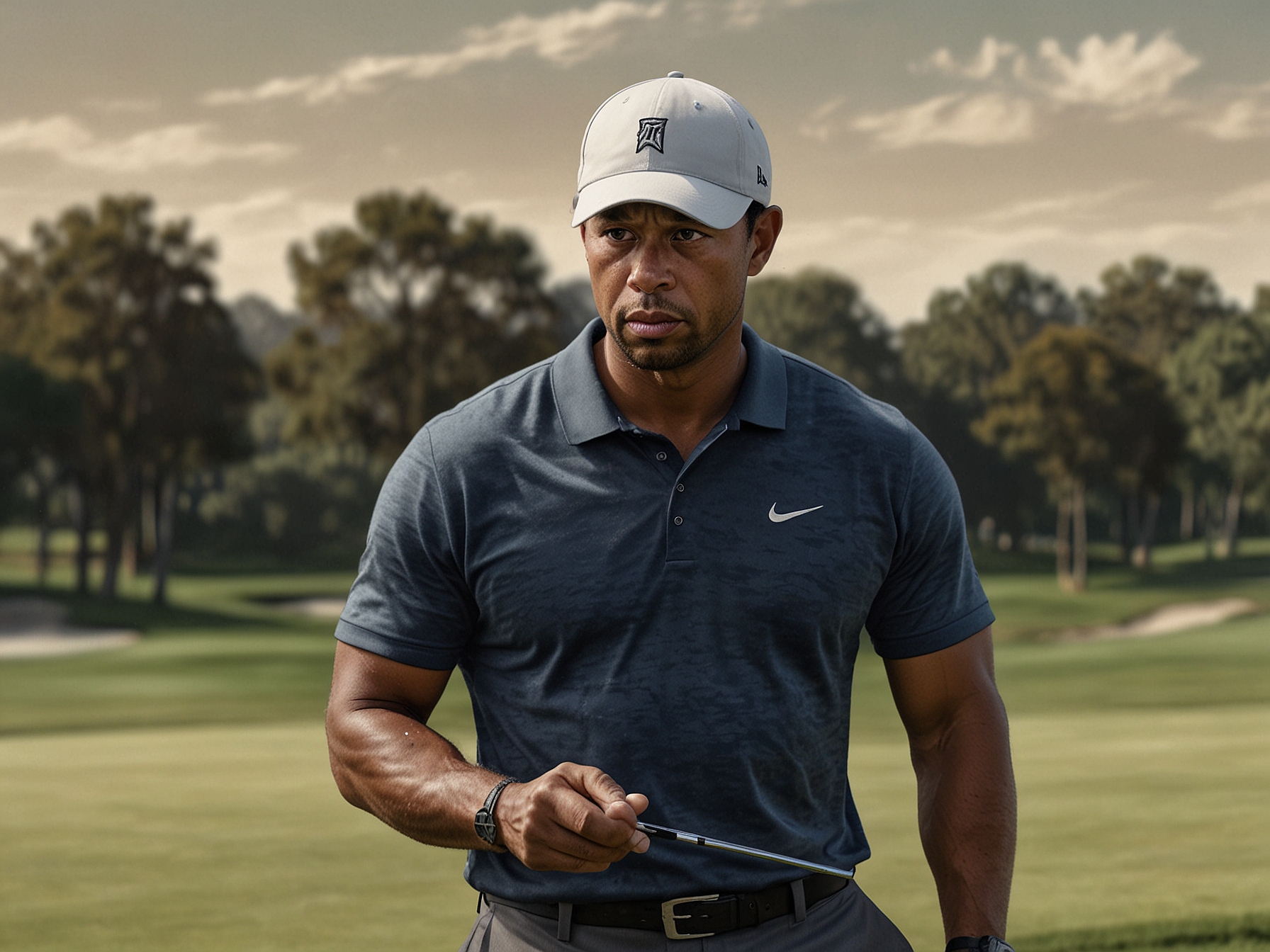 Tiger Woods stands on a golf course, looking contemplative, with his golf clubs by his side, symbolizing his journey through recovery and resilience.