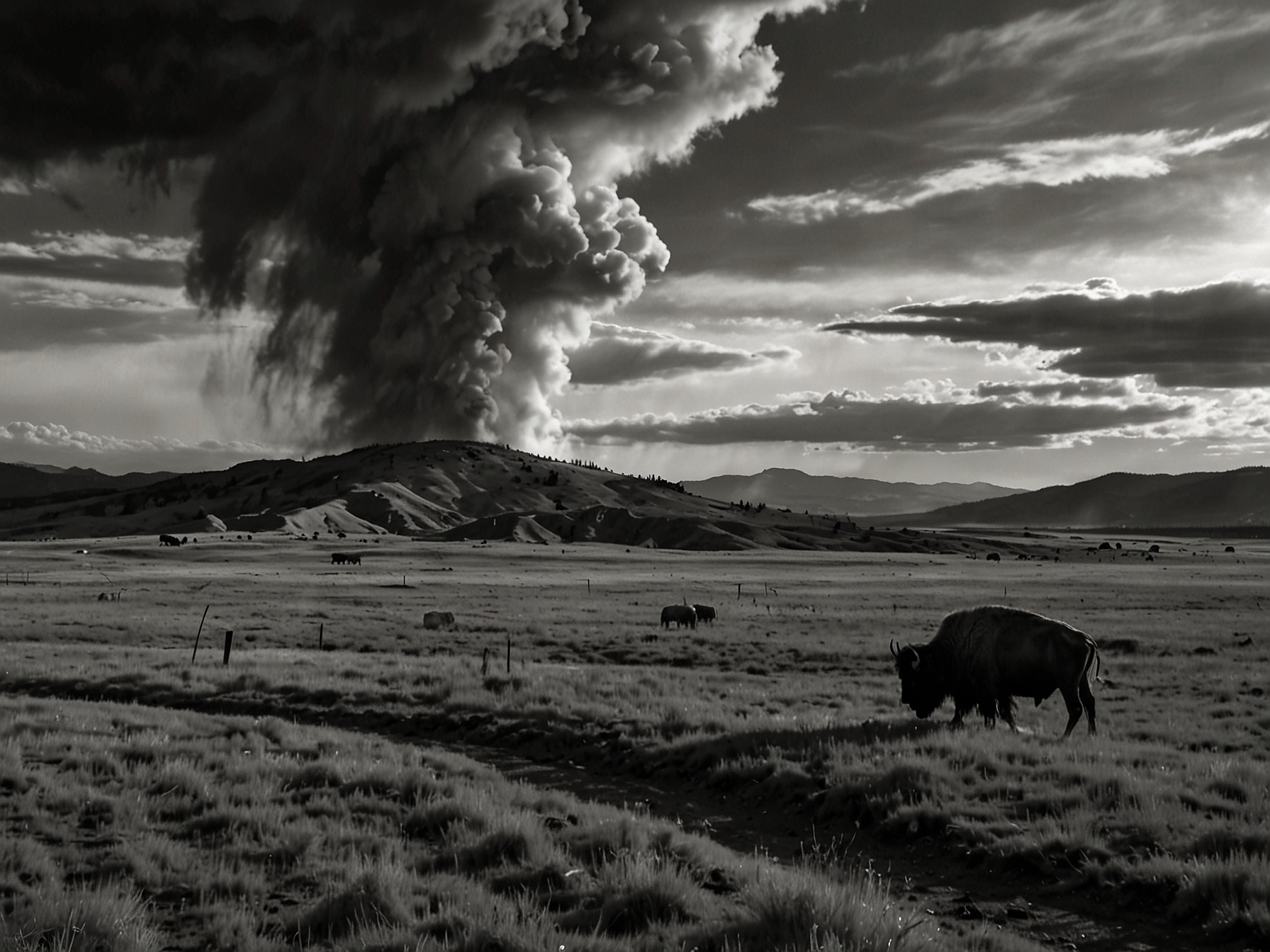 A dramatic scene from Yellowstone, showcasing the vast rugged plains of Montana with the Dutton Ranch in the background, hinting at tension and looming danger among the characters.